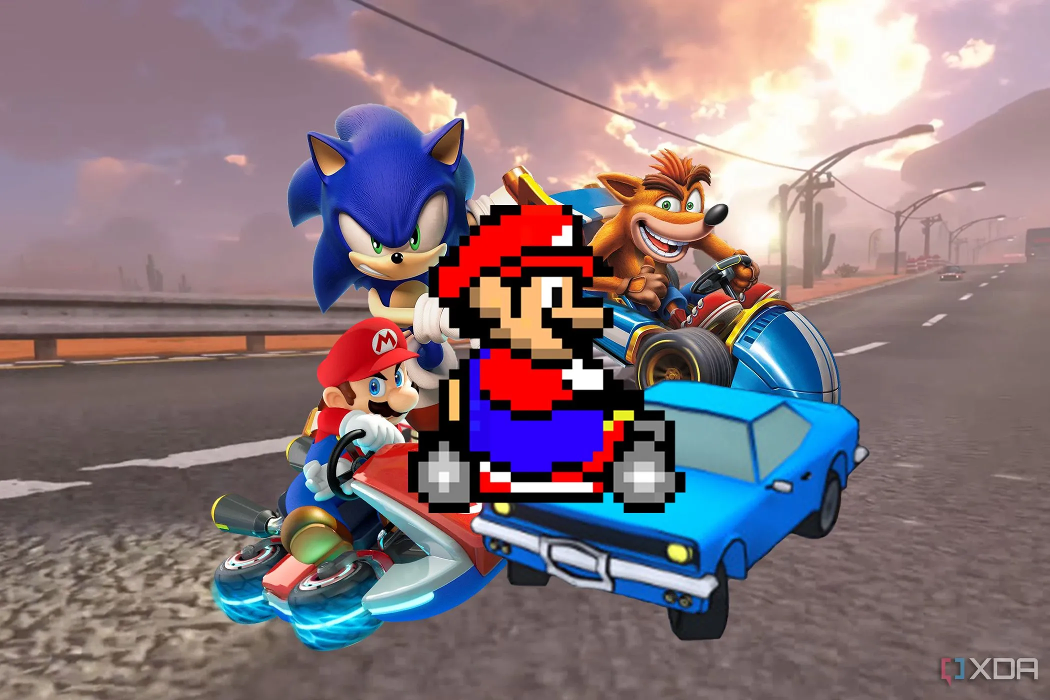 Ảnh minh họa một đường đua giả tưởng lấy cảm hứng từ Mario Kart, với sự góp mặt của nhiều nhân vật game nổi tiếng, liên quan đến các game đua xe hấp dẫn khác