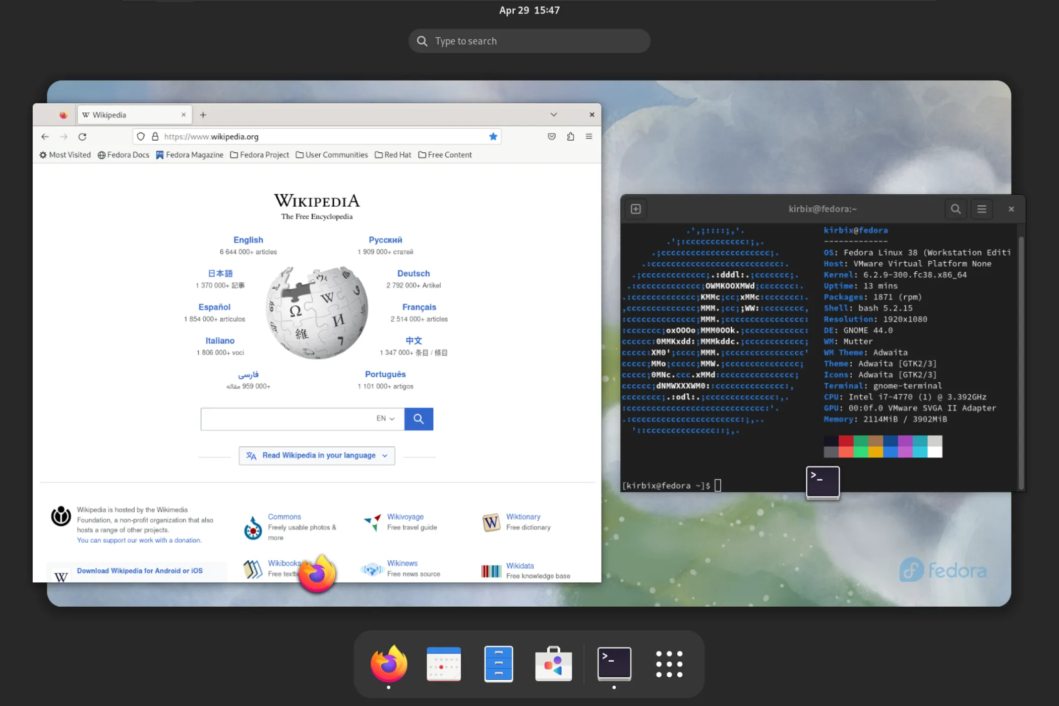 Giao diện màn hình desktop của hệ điều hành Linux Fedora