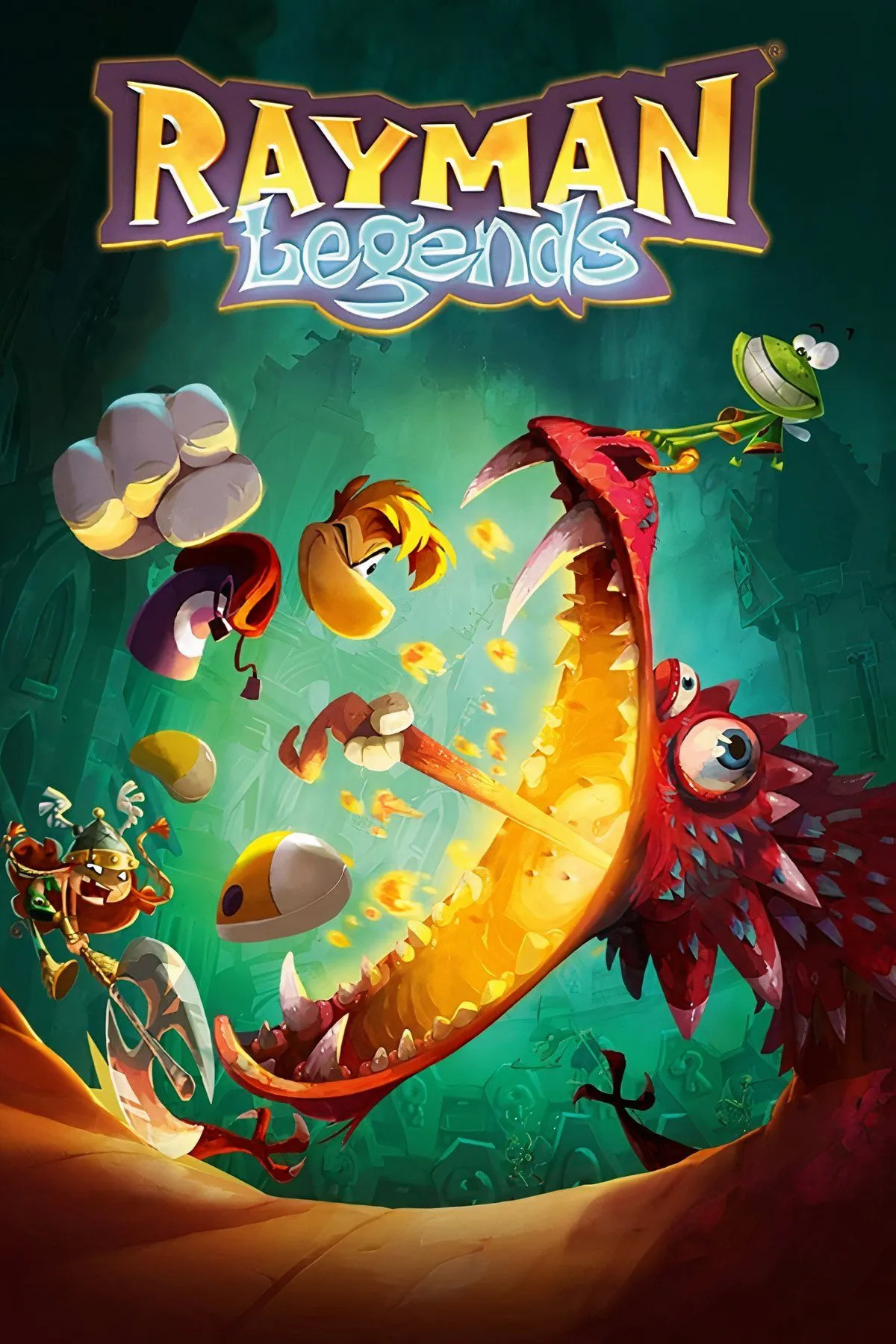 Hình ảnh cắt dán các cảnh chơi game Rayman Legends, nổi tiếng với chế độ co-op địa phương.