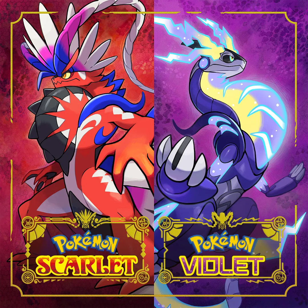 Hình ảnh sản phẩm game Pokemon Scarlet và Violet với hai Pokemon huyền thoại Koraidon và Miraidon