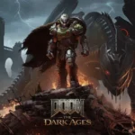 Hình ảnh từ game Doom: The Dark Ages, mô tả Doom Slayer đứng trên đống đổ nát với rồng lớn phía sau.