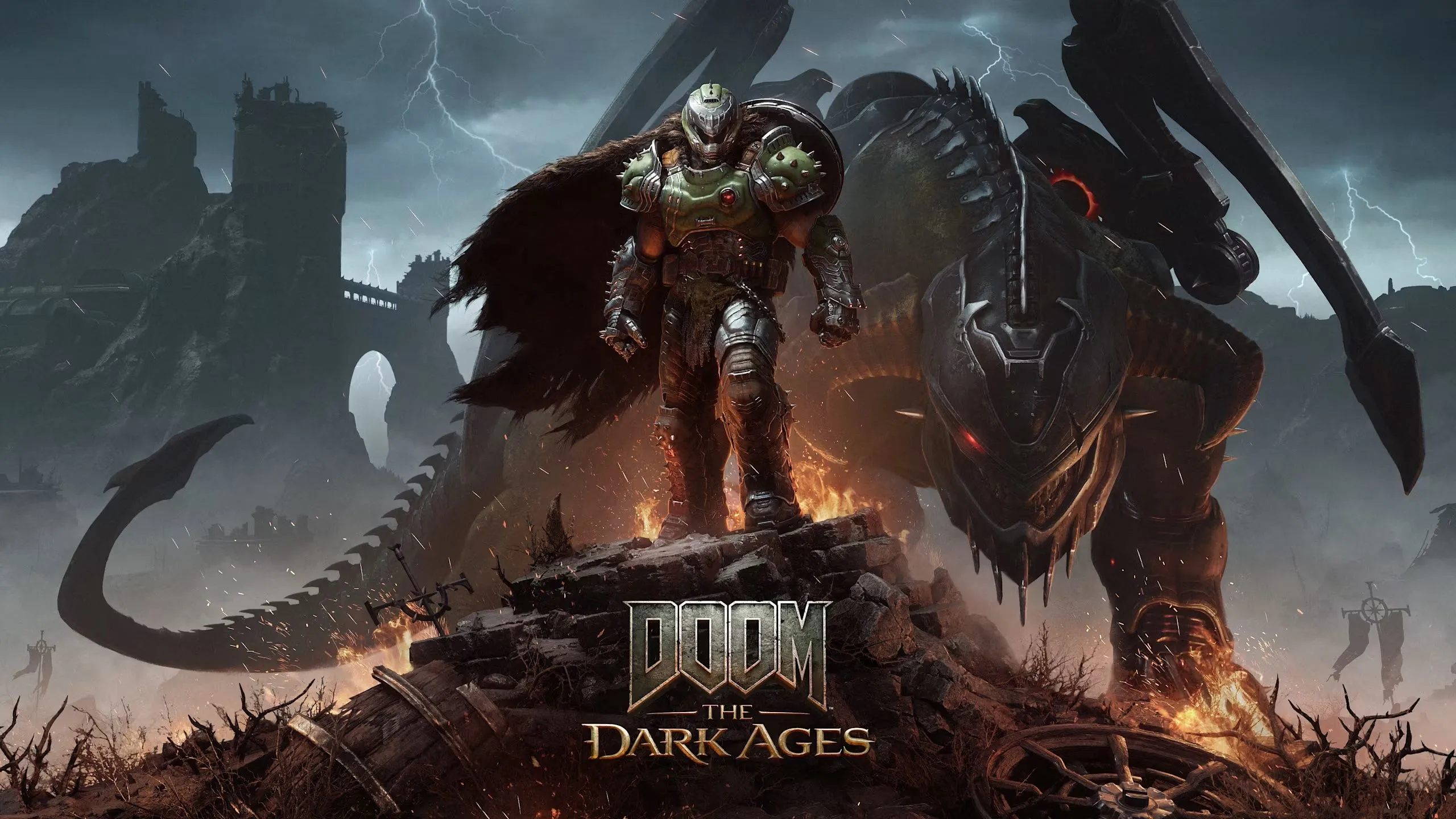 Hình ảnh từ game Doom: The Dark Ages, mô tả Doom Slayer đứng trên đống đổ nát với rồng lớn phía sau.