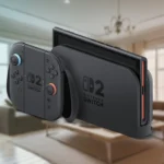 Máy chơi game Nintendo Switch 2 đặt trên dock sạc, hai tay cầm Joy-Con 2 gắn vào báng cầm, phía sau là cảnh phòng khách