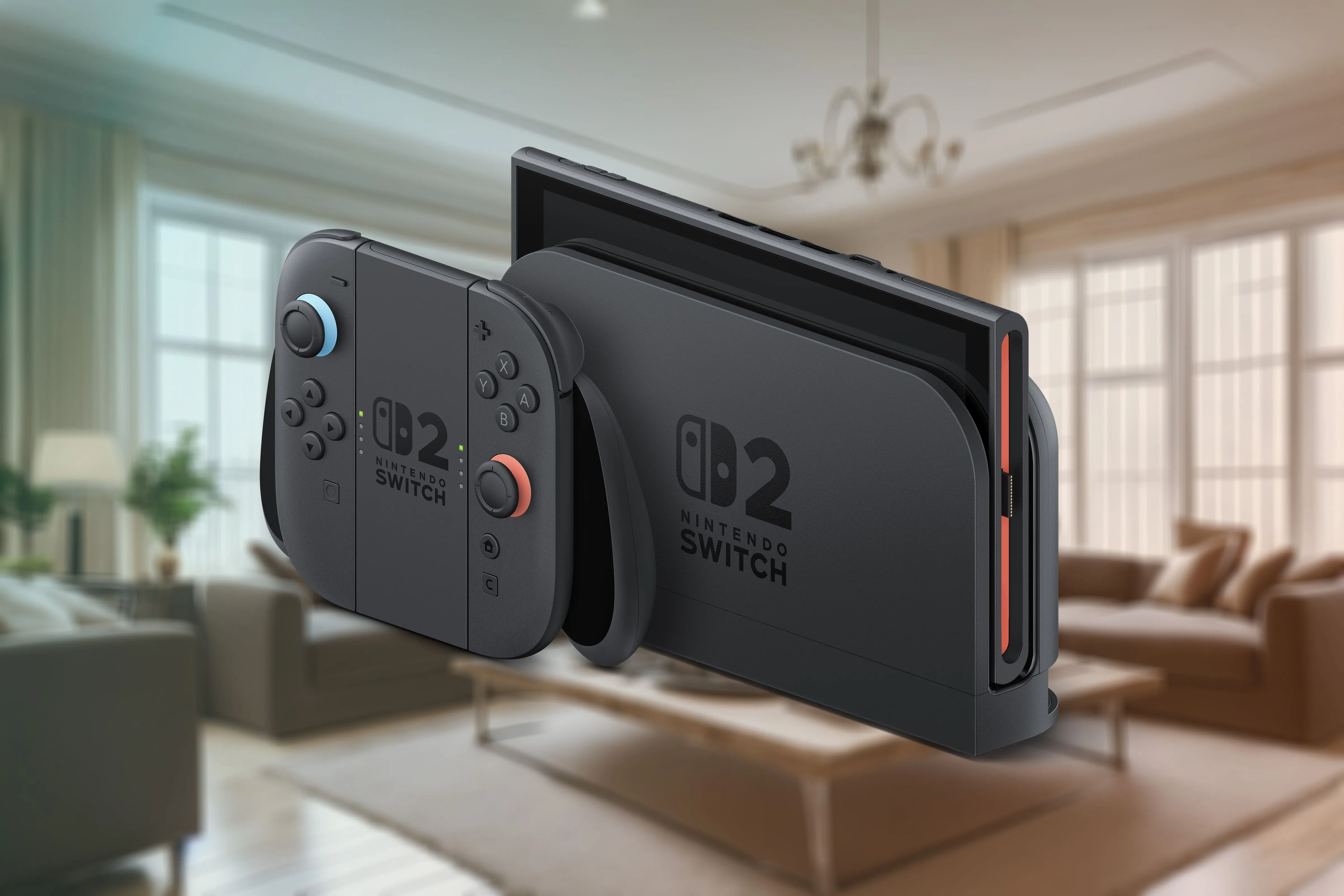 Máy chơi game Nintendo Switch 2 đặt trên dock sạc, hai tay cầm Joy-Con 2 gắn vào báng cầm, phía sau là cảnh phòng khách