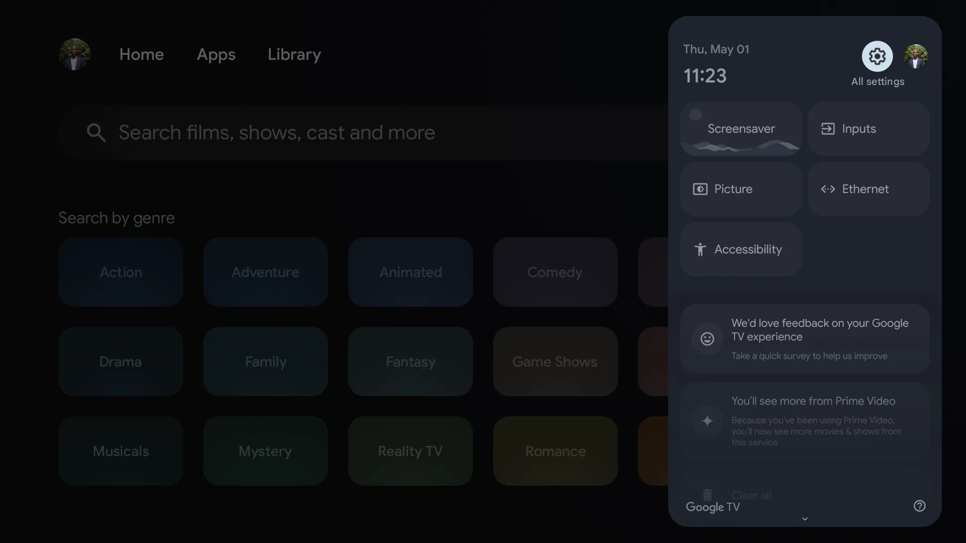 Biểu tượng Cài đặt hình bánh răng trên giao diện Google TV