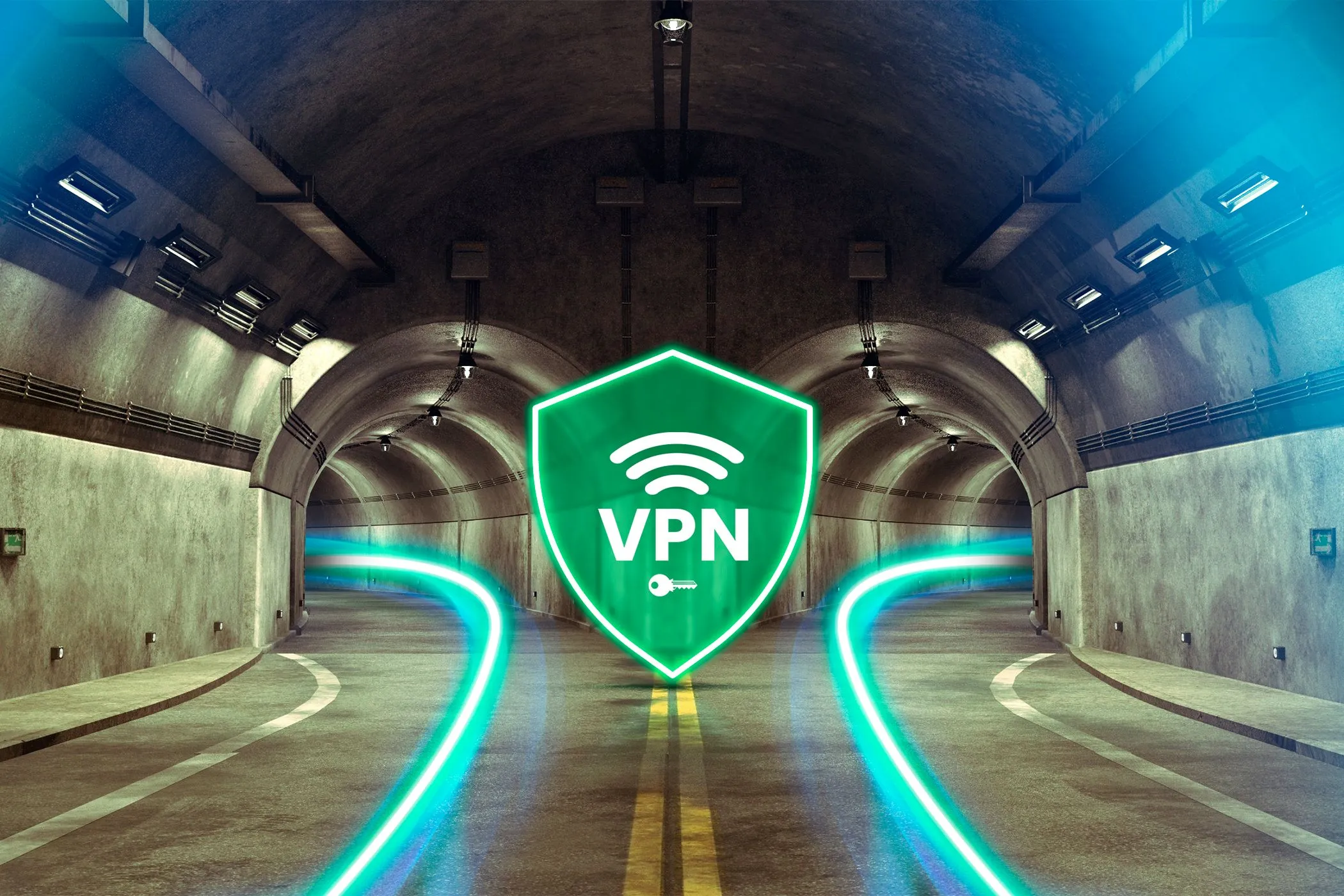 Biểu tượng VPN giữa hai con đường tượng trưng cho đường hầm an toàn của mạng riêng ảo