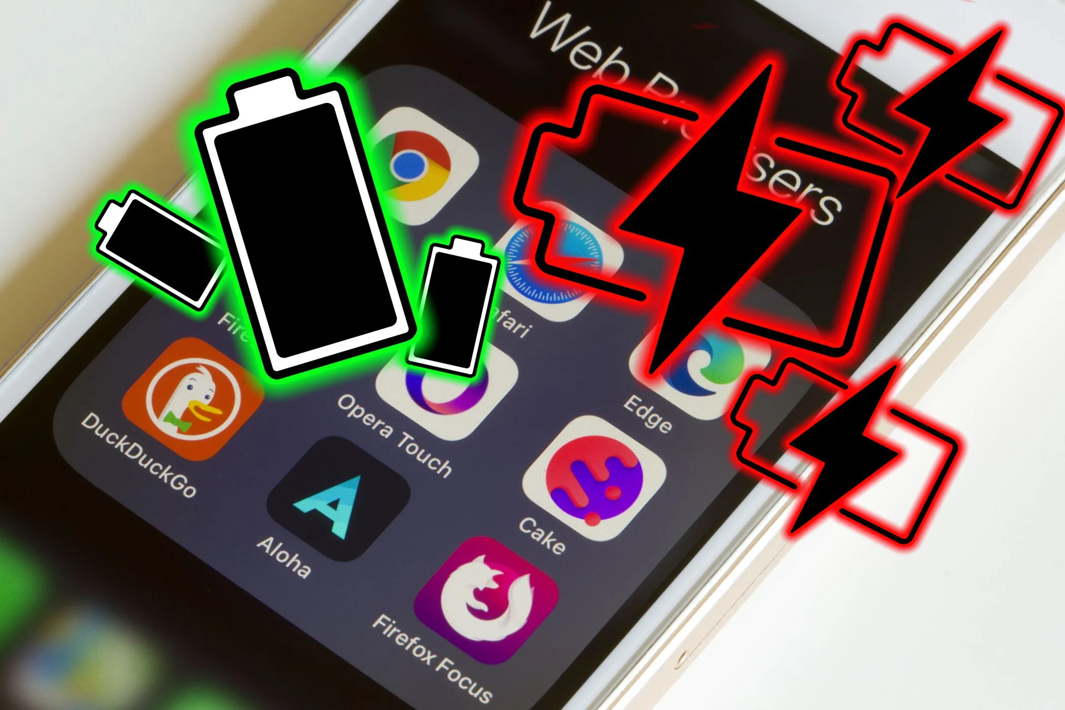 Các biểu tượng trình duyệt web trên điện thoại smartphone kèm biểu tượng pin, minh họa sự khác biệt về khả năng tiết kiệm pin của mỗi trình duyệt