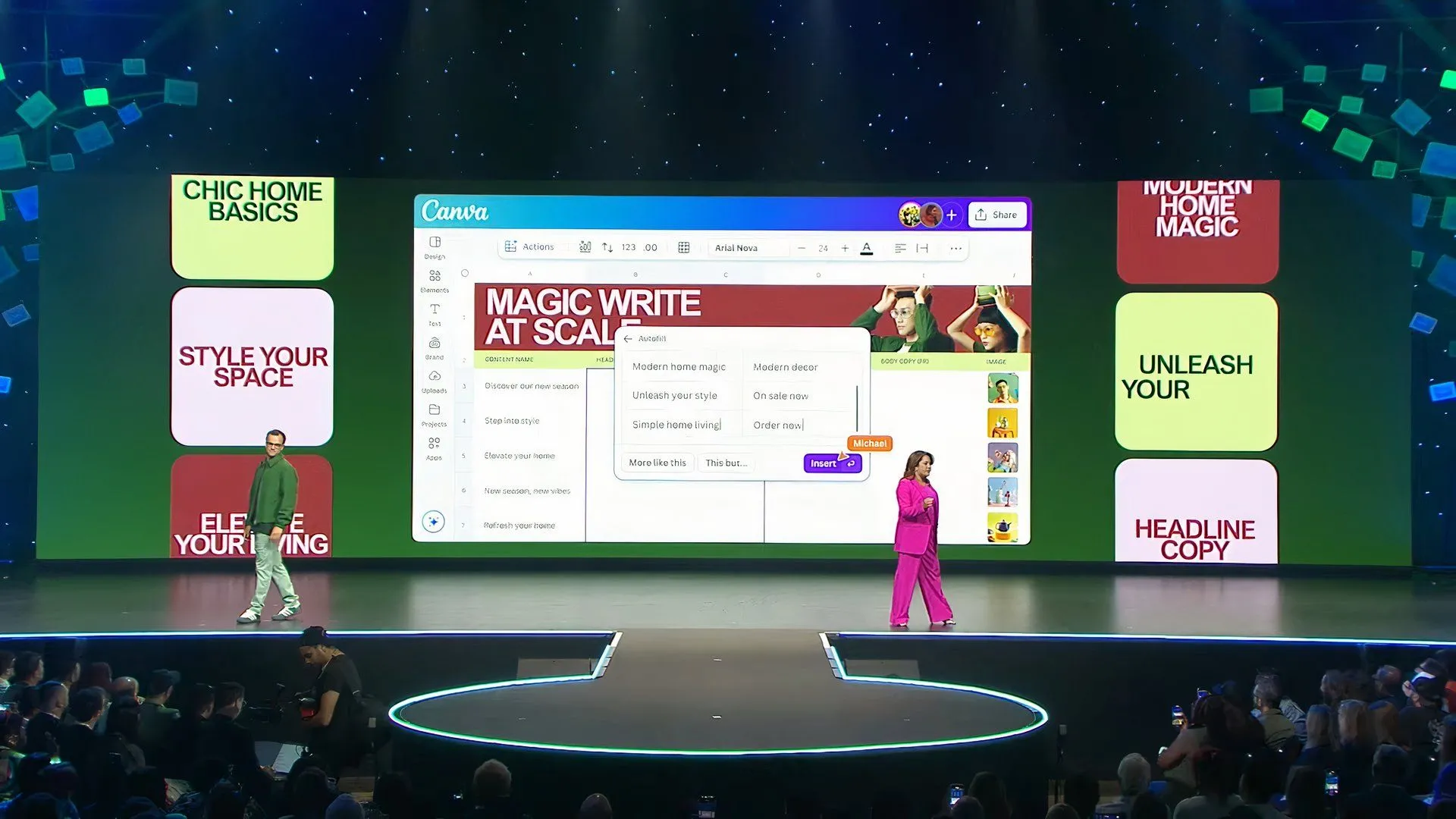 Các diễn giả giải thích tính năng Magic Studio at Scale mới của Canva, tập trung vào tự động hóa hàng loạt bằng AI.