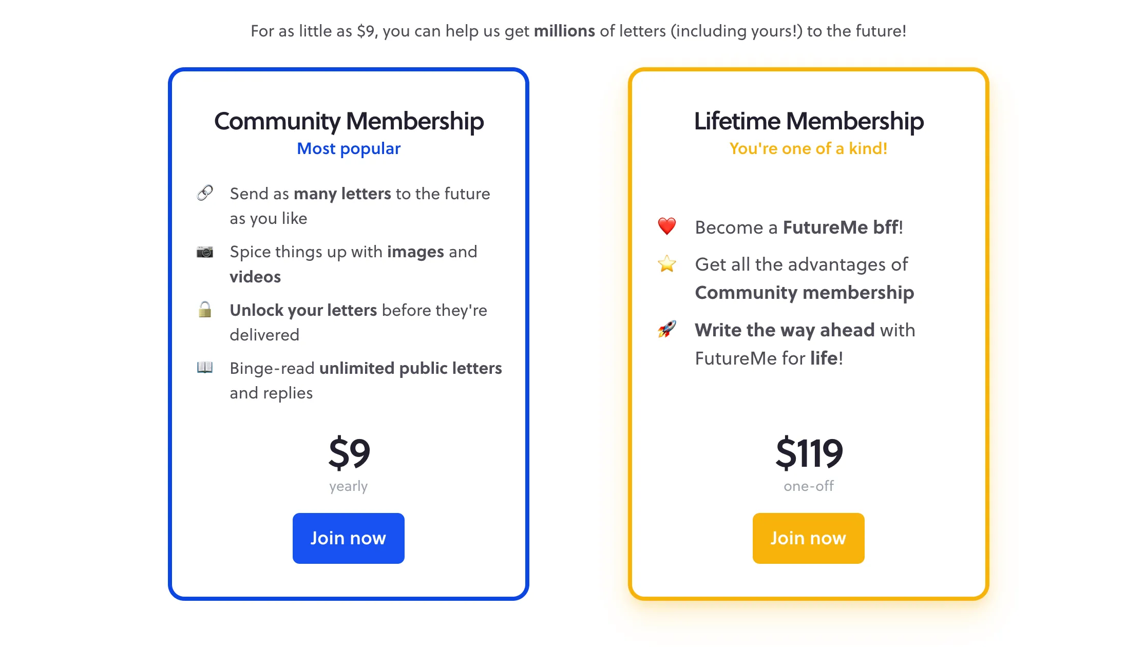Các gói dịch vụ cao cấp Community và Lifetime của FutureMe