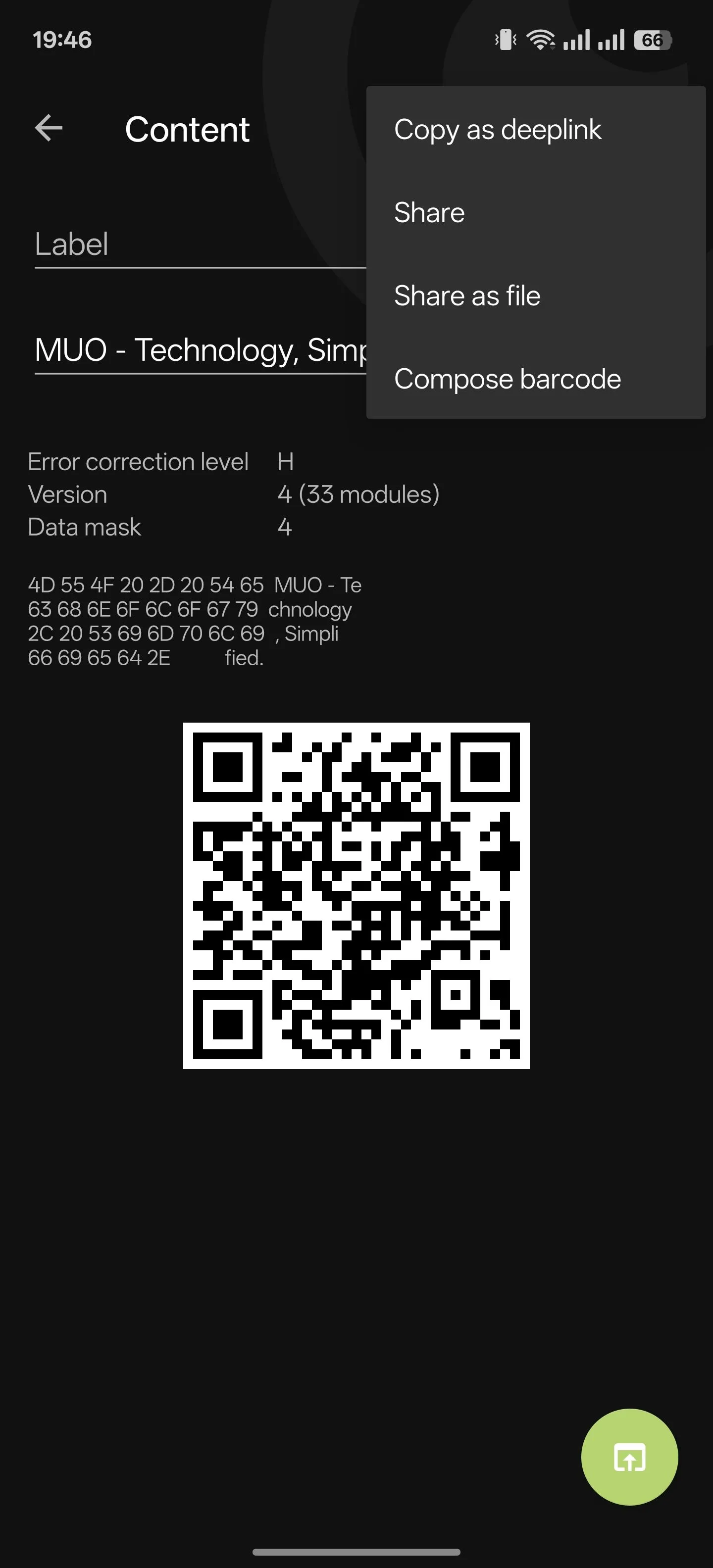 Các tùy chọn hành động sau khi quét mã QR trong ứng dụng Binary Eye trên Android, bao gồm Sao chép, Chia sẻ và Mở.