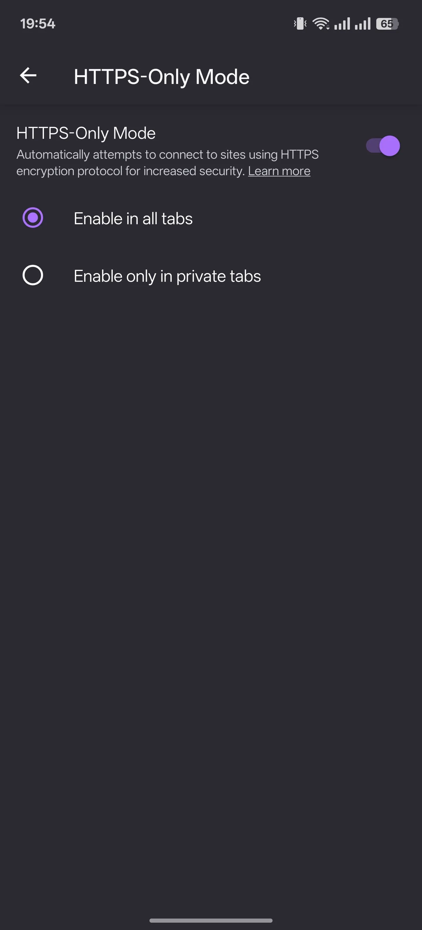Cài đặt chế độ chỉ HTTPS (HTTPS-Only Mode) trong trình duyệt Firefox trên Android, giúp tăng cường bảo mật.