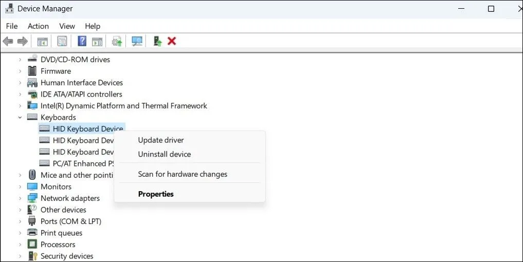 Cập nhật driver bàn phím trong Trình quản lý Thiết bị của Windows.