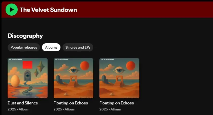 Danh sách các album của The Velvet Sundown phát hành liên tiếp trong năm 2025, minh họa tần suất ra mắt sản phẩm dày đặc của ban nhạc AI.
