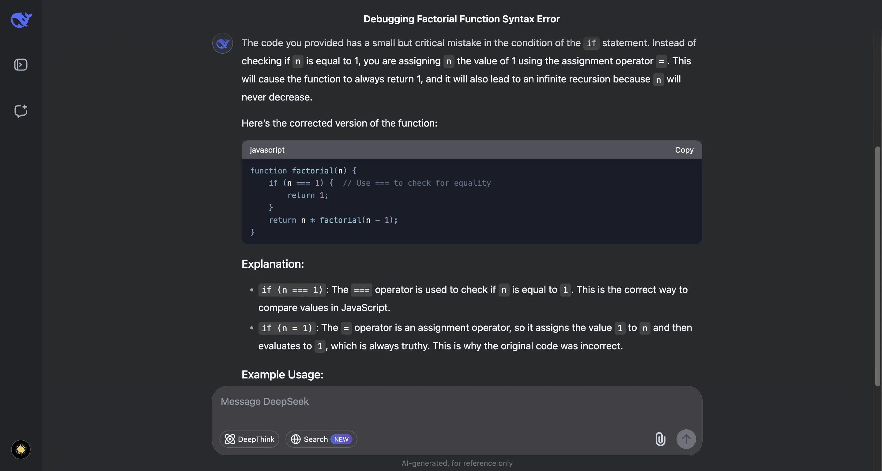 DeepSeek AI gỡ lỗi JavaScript: Minh họa sửa hàm tính giai thừa và giải thích lỗi