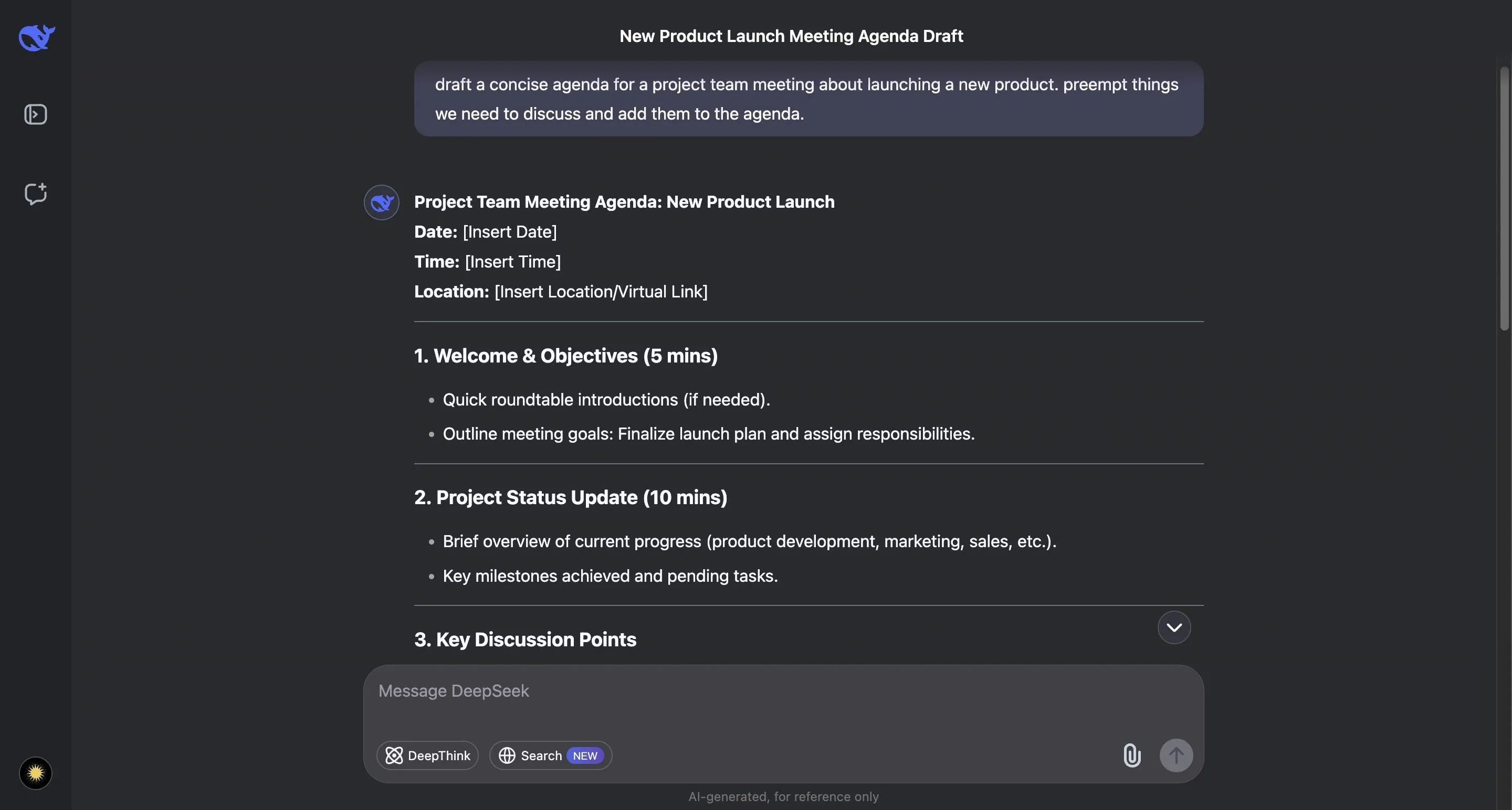 DeepSeek AI hỗ trợ năng suất: Mẫu agenda cuộc họp ra mắt sản phẩm mới