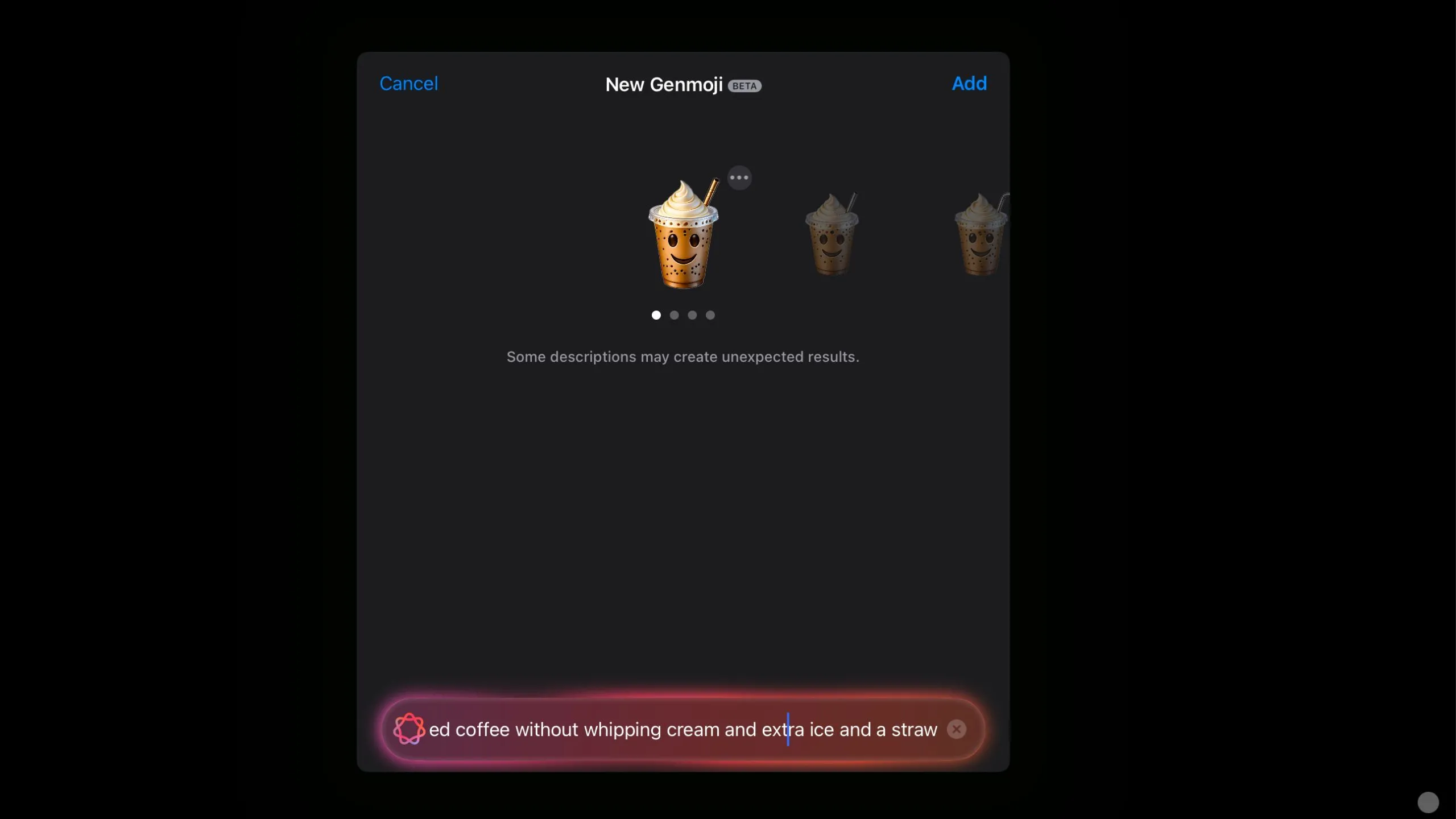 Emoji cà phê đá với mặt cười được tạo ra từ Genmoji