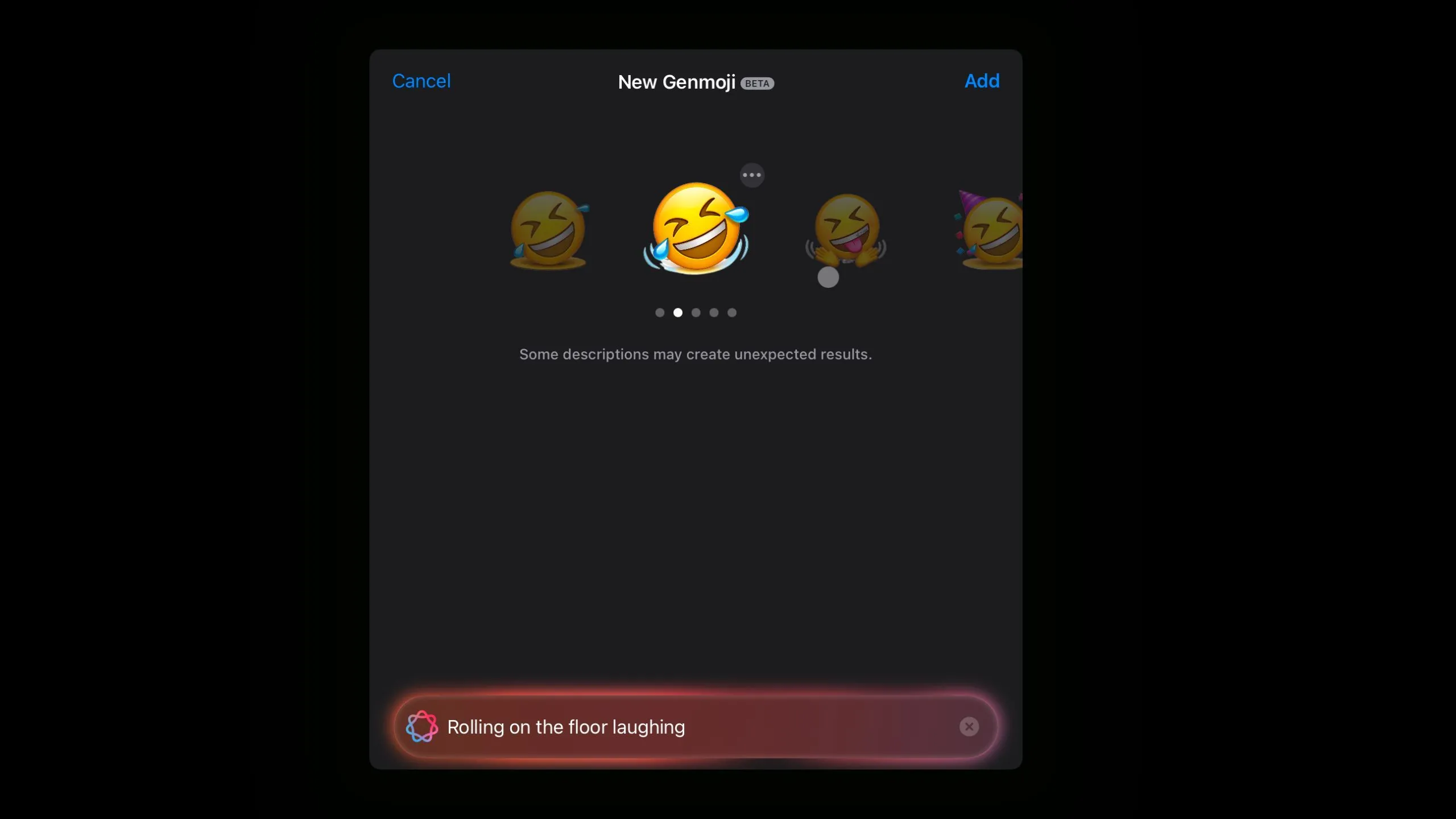 Emoji cười lăn lộn được tạo ra từ Genmoji với phong cách khác biệt