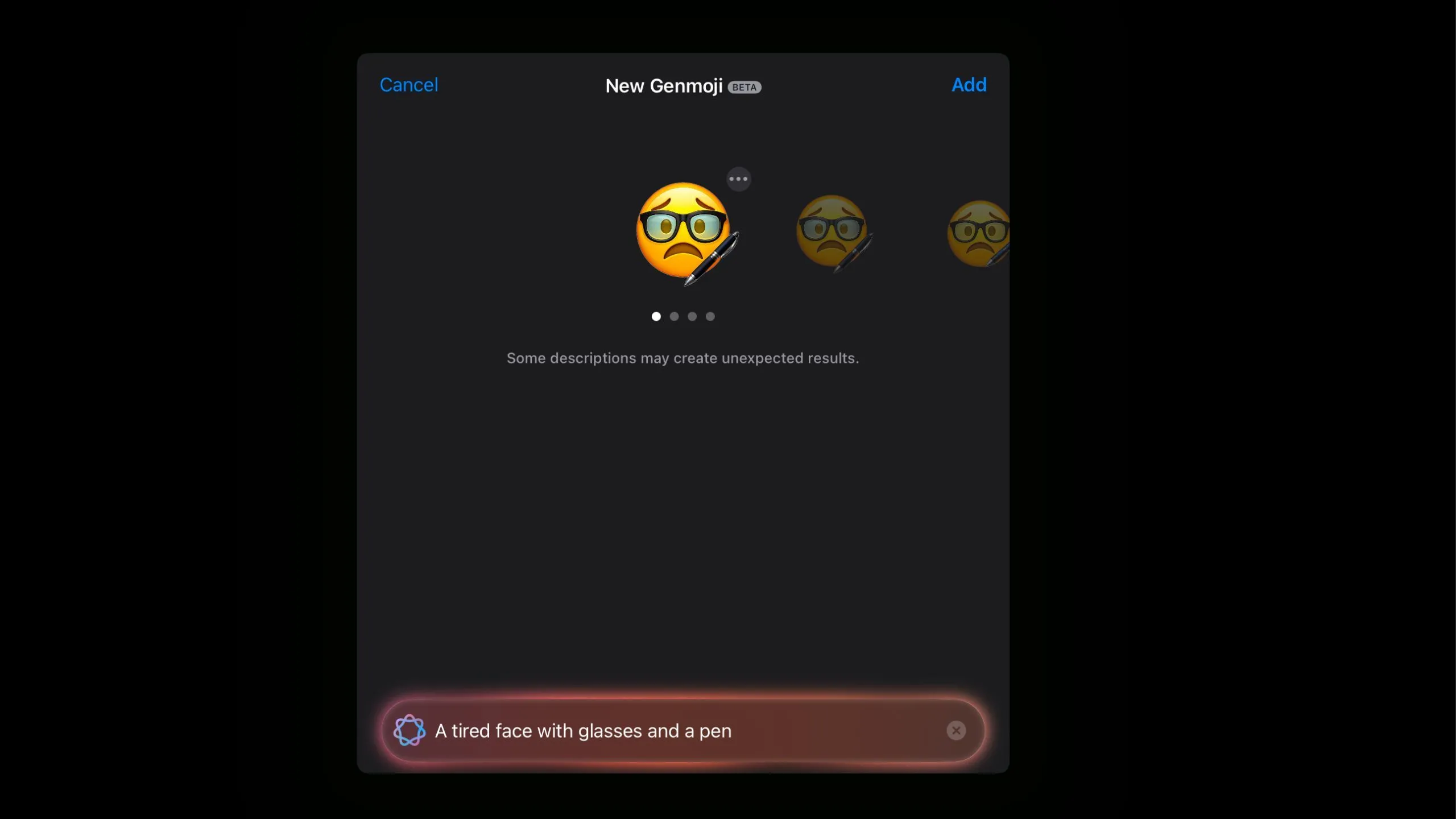 Emoji khuôn mặt mệt mỏi đeo kính và cầm bút được tạo ra bằng Genmoji