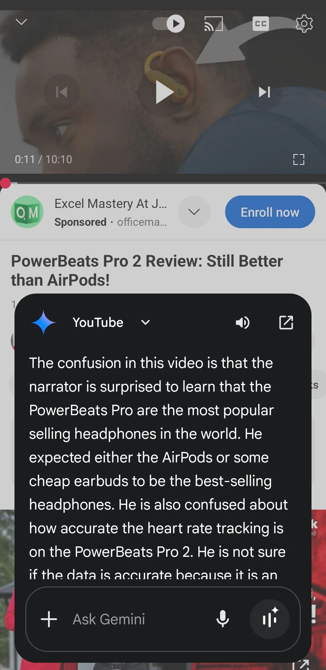 Gemini hiển thị bản tóm tắt nội dung video YouTube về PowerBeats Pro 2, minh họa tính năng AI hữu ích.