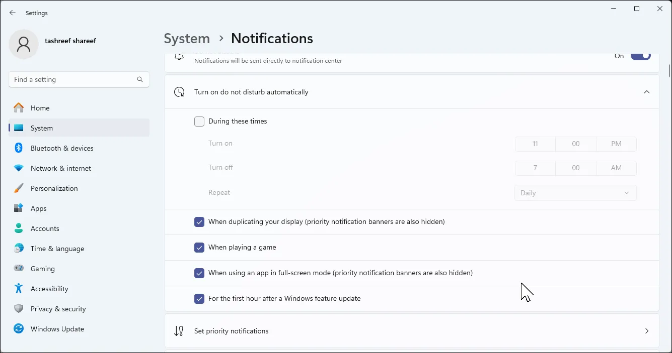 Giao diện cài đặt thông báo và tùy chỉnh thông báo ưu tiên trên Windows 11