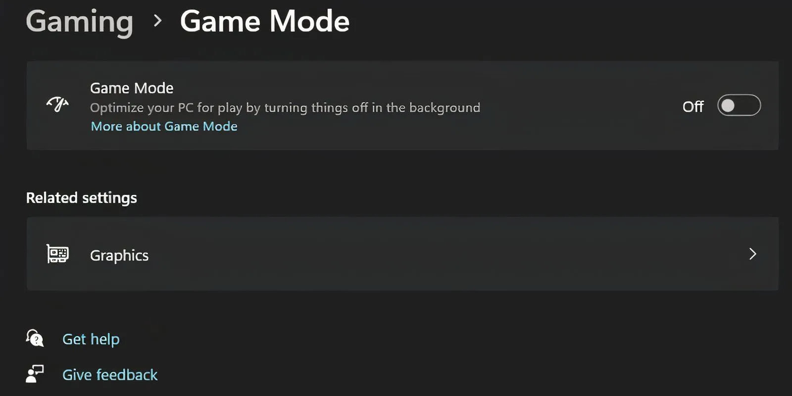 Giao diện cài đặt Windows với tùy chọn Chế độ Trò chơi (Game Mode) được tắt, nhằm cải thiện hiệu suất và giảm lag bàn phím.