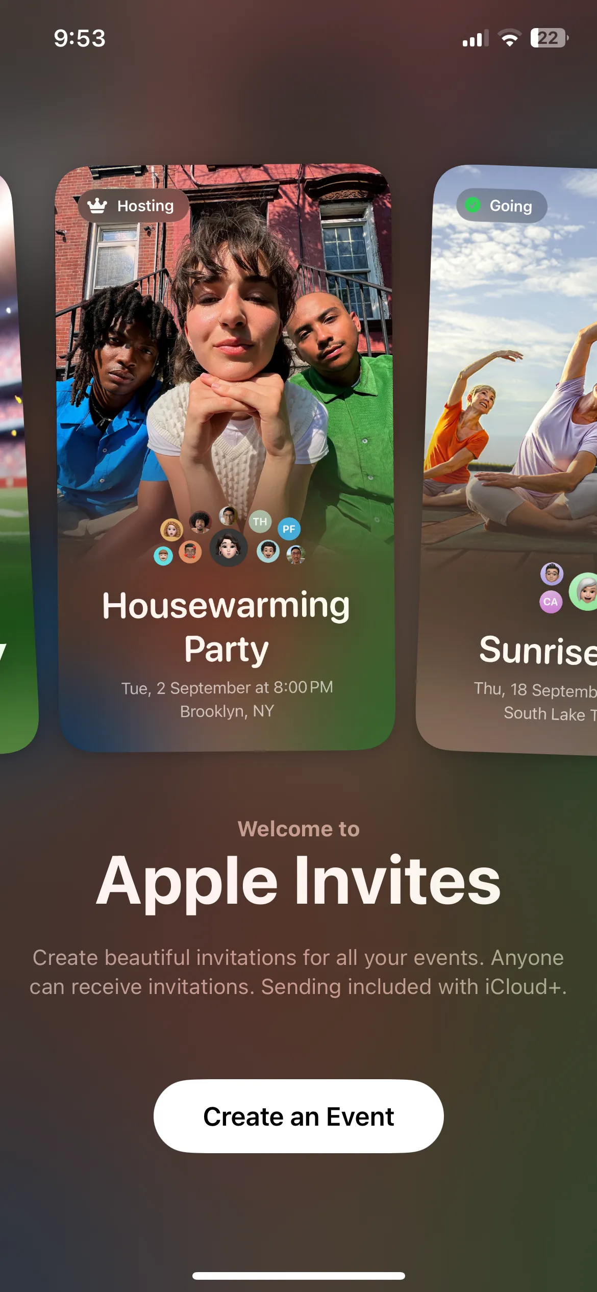 Giao diện chính của ứng dụng Apple Invites trên iPhone, giúp tạo lời mời sự kiện kỹ thuật số.
