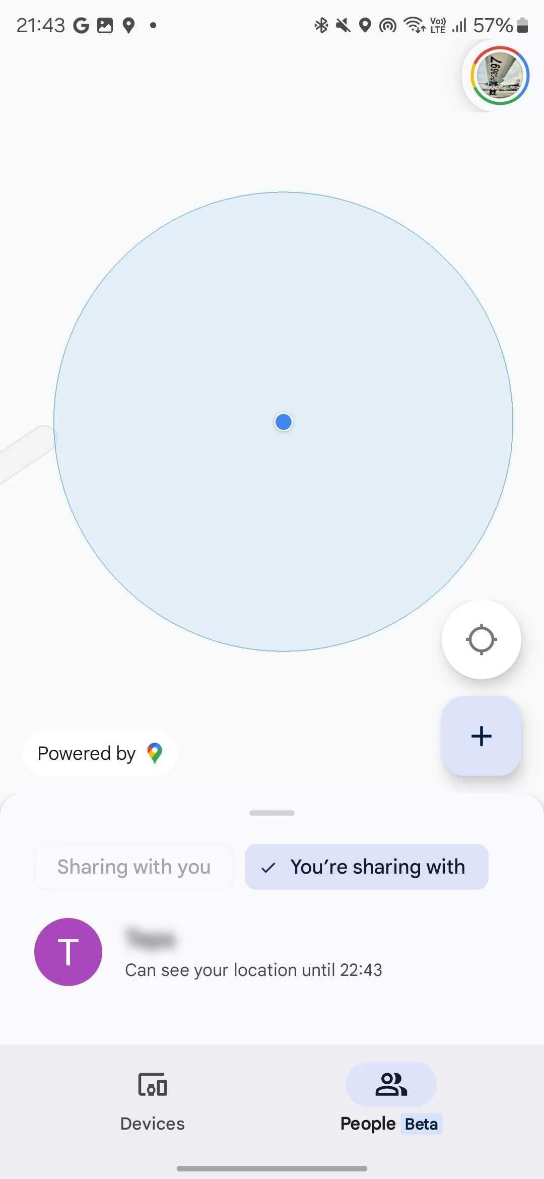 Giao diện chọn liên hệ để chia sẻ vị trí trực tiếp trong ứng dụng Find My Device