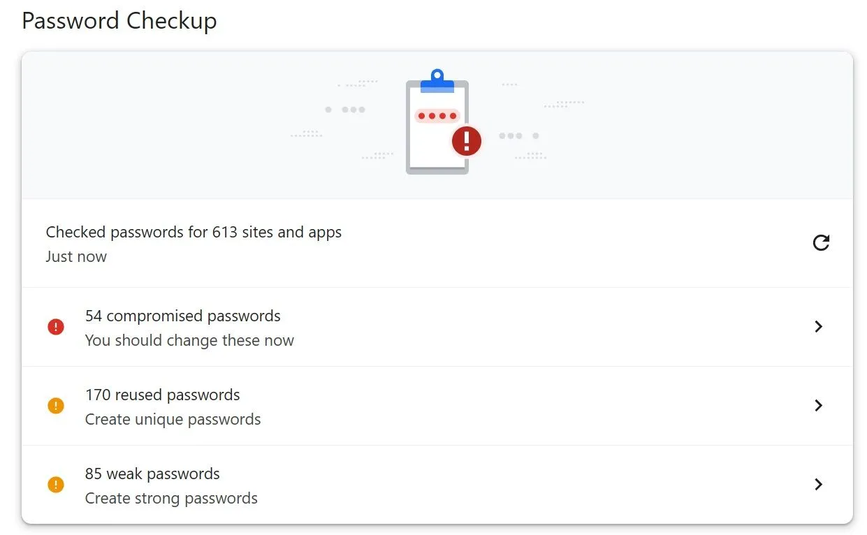 Giao diện công cụ kiểm tra mật khẩu Google Password Manager trong trình duyệt Chrome