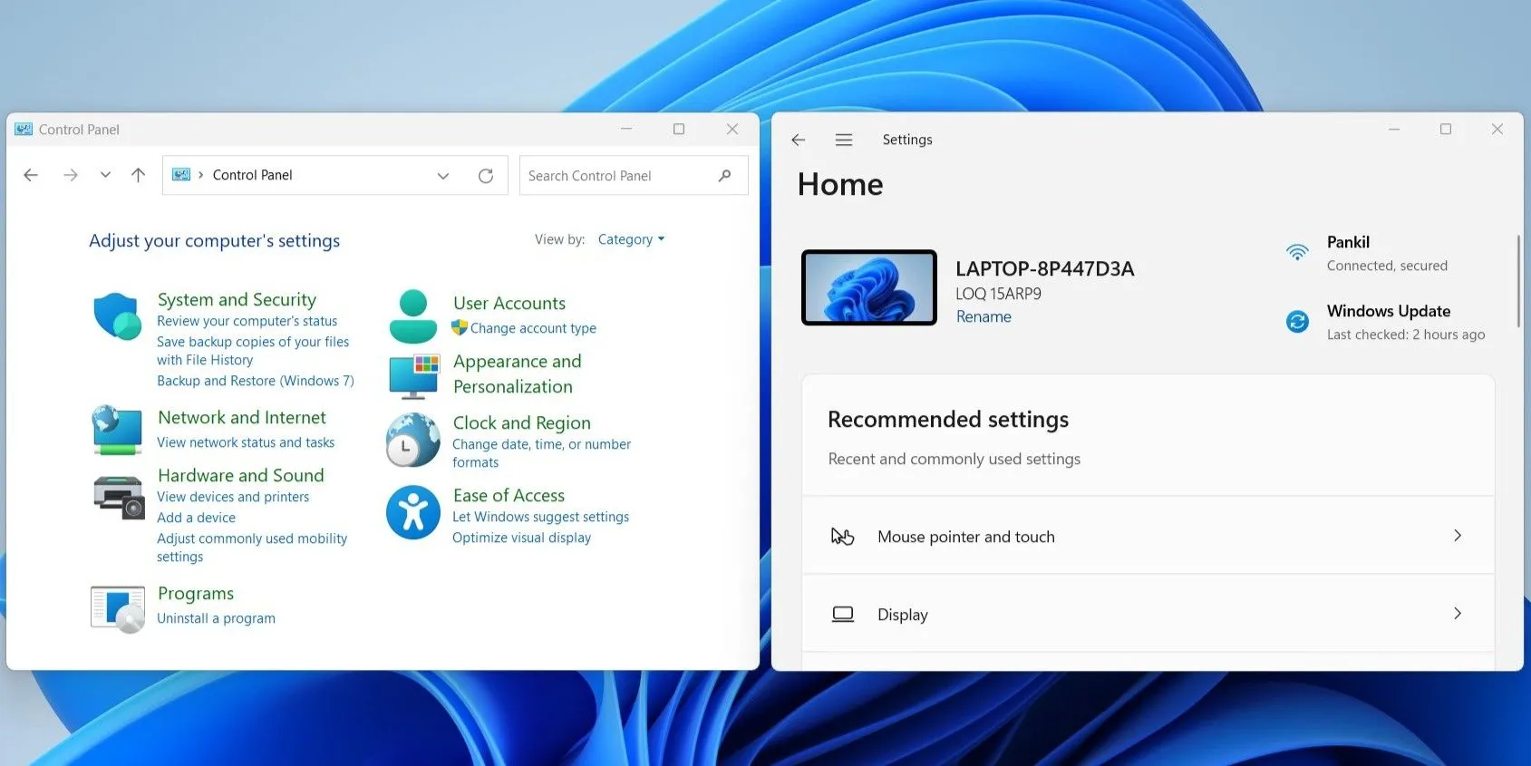 Giao diện Control Panel và ứng dụng Settings trên Windows 11 đặt cạnh nhau, minh họa sự tồn tại song song.
