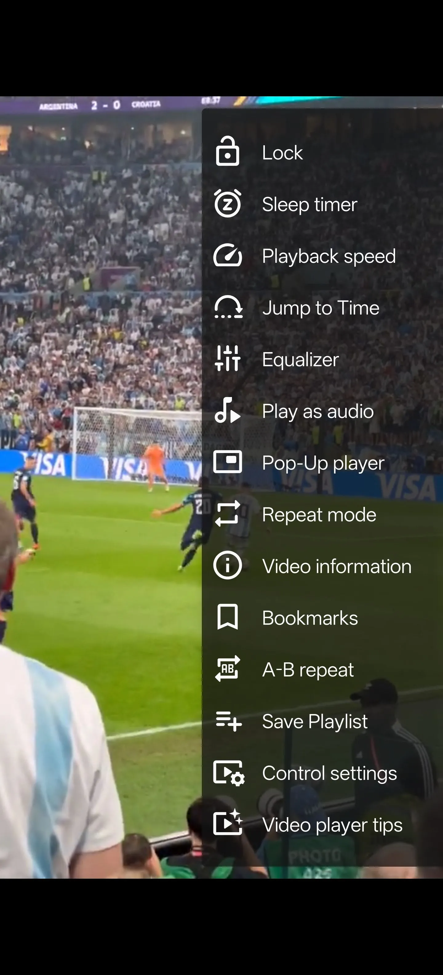 Giao diện điều khiển phát video của VLC cho Android, hiển thị các tùy chọn phát và thanh tiến trình.