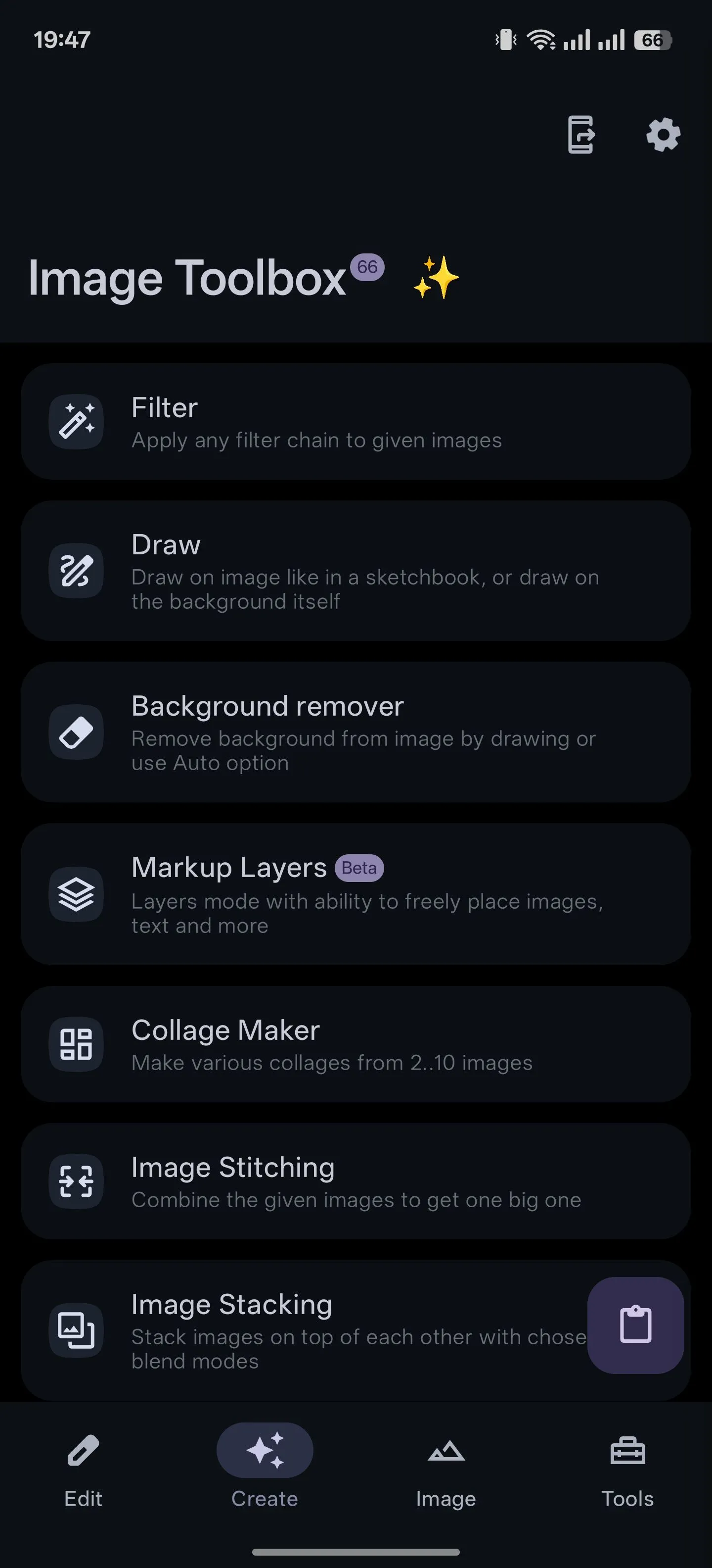 Giao diện tab &quot;Tạo&quot; (Create) trong ứng dụng Image Toolbox trên Android, hiển thị các công cụ chỉnh sửa hình ảnh.