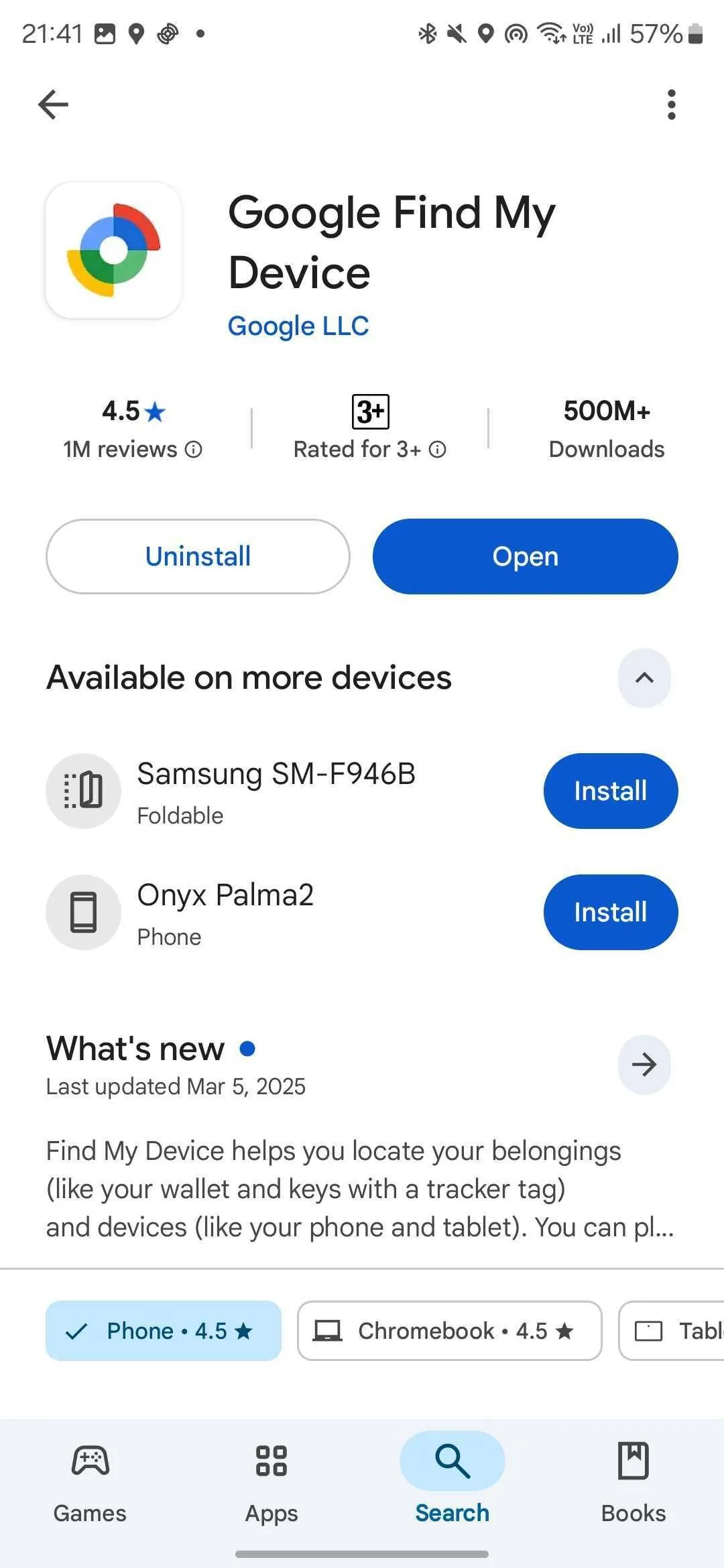 Giao diện tải và cài đặt ứng dụng Google Find My Device từ Cửa hàng Google Play