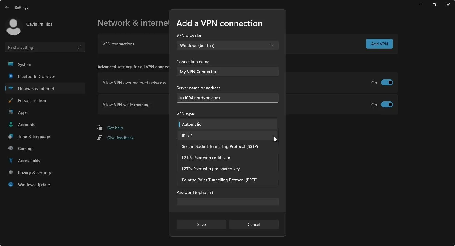 Giao diện thêm kết nối VPN thủ công trên Windows 11