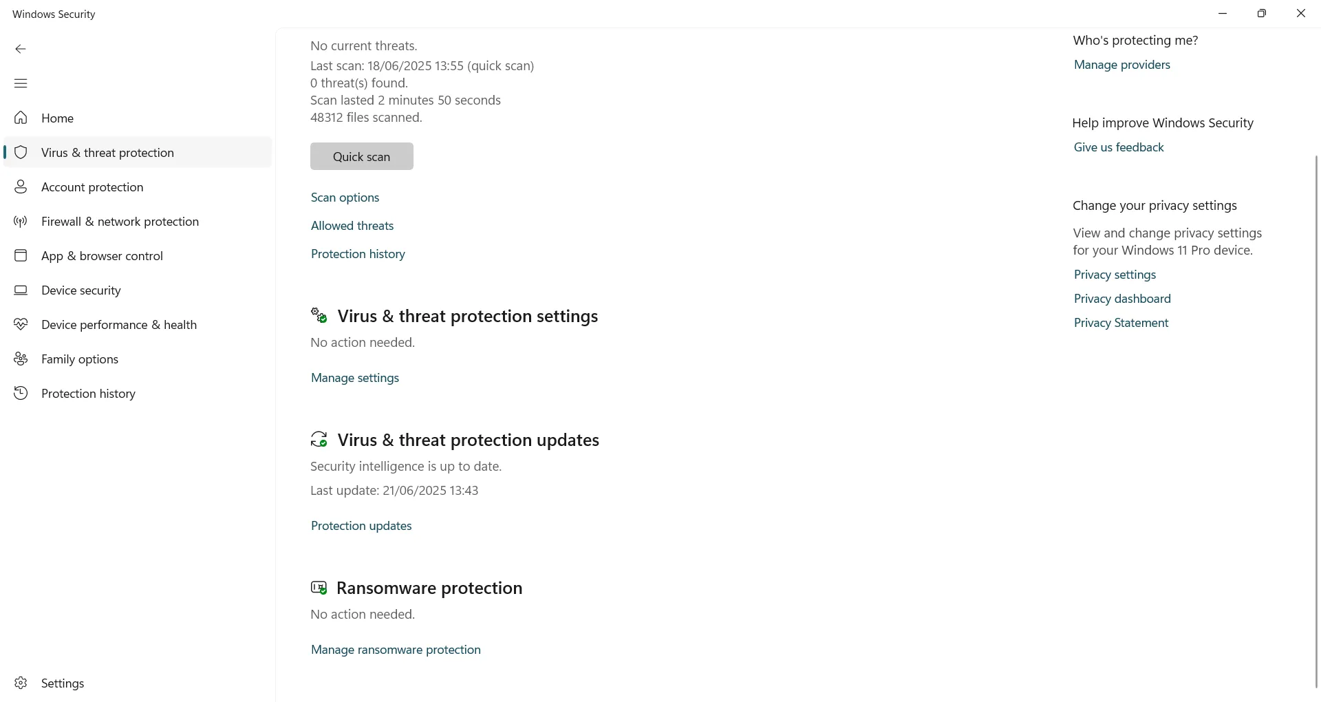 Giao diện tính năng "Bảo vệ khỏi virus và mối đe dọa" trong Windows Security