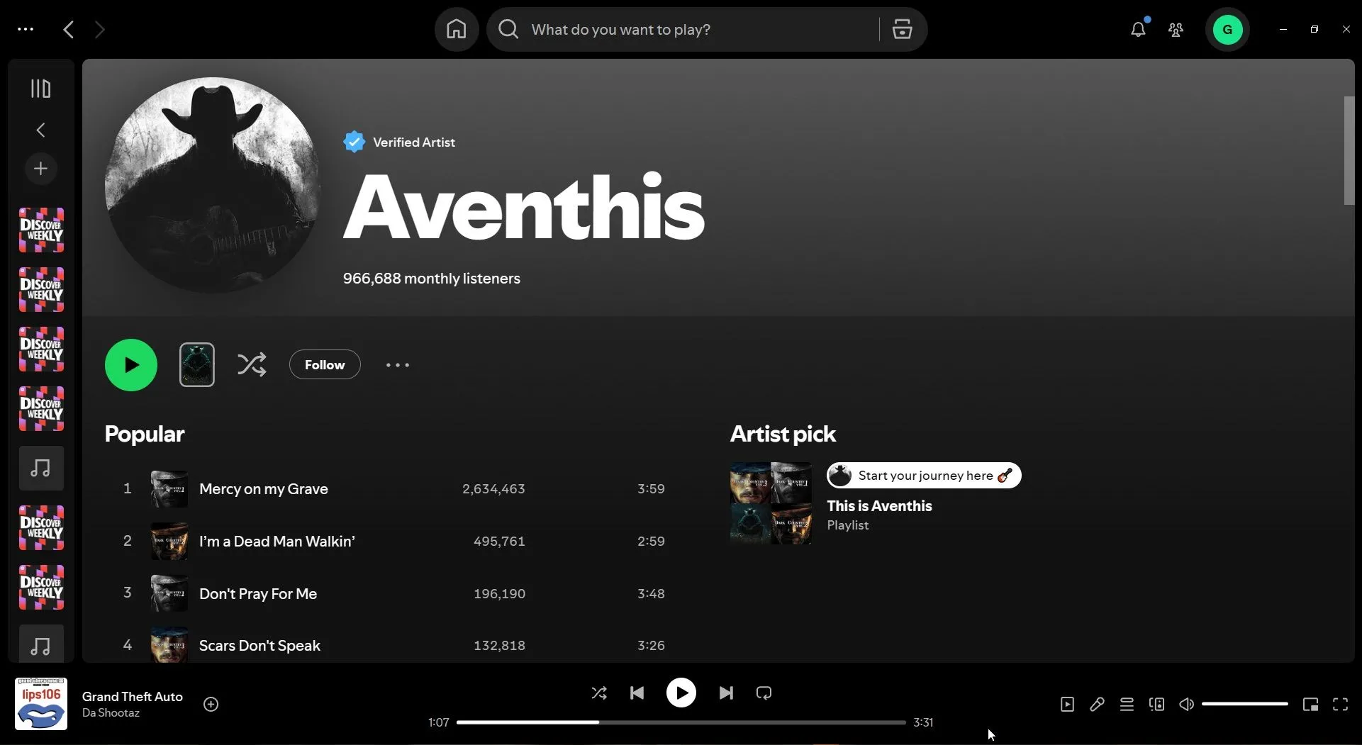 Giao diện trang ban nhạc Aventhis trên Spotify, minh họa một nhóm nhạc được tạo bởi AI với đặc điểm âm thanh chung chung.