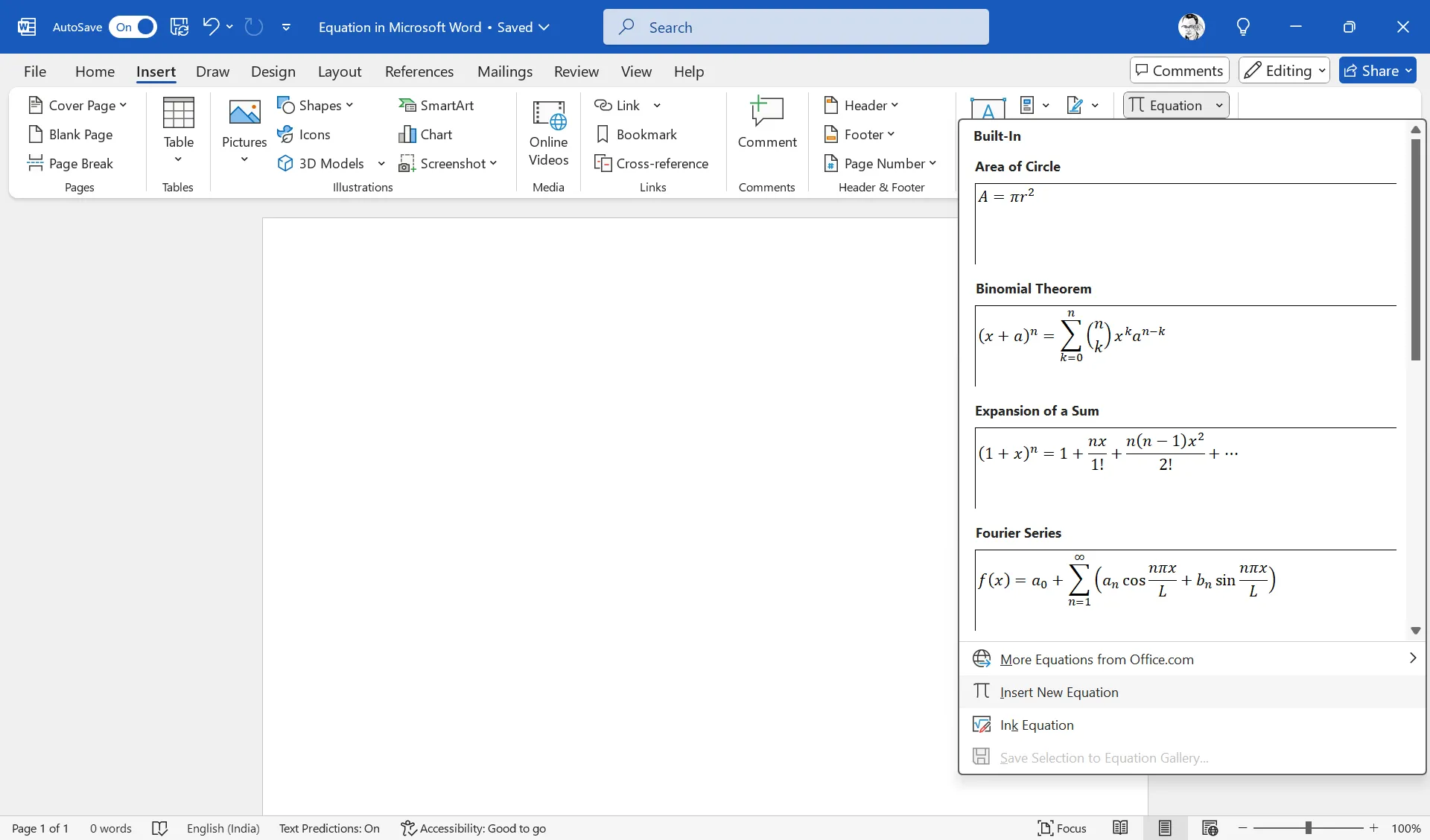 Giao diện trình soạn thảo công thức Equation Editor trong Microsoft Word với các tùy chọn chèn ký hiệu và cấu trúc toán học.