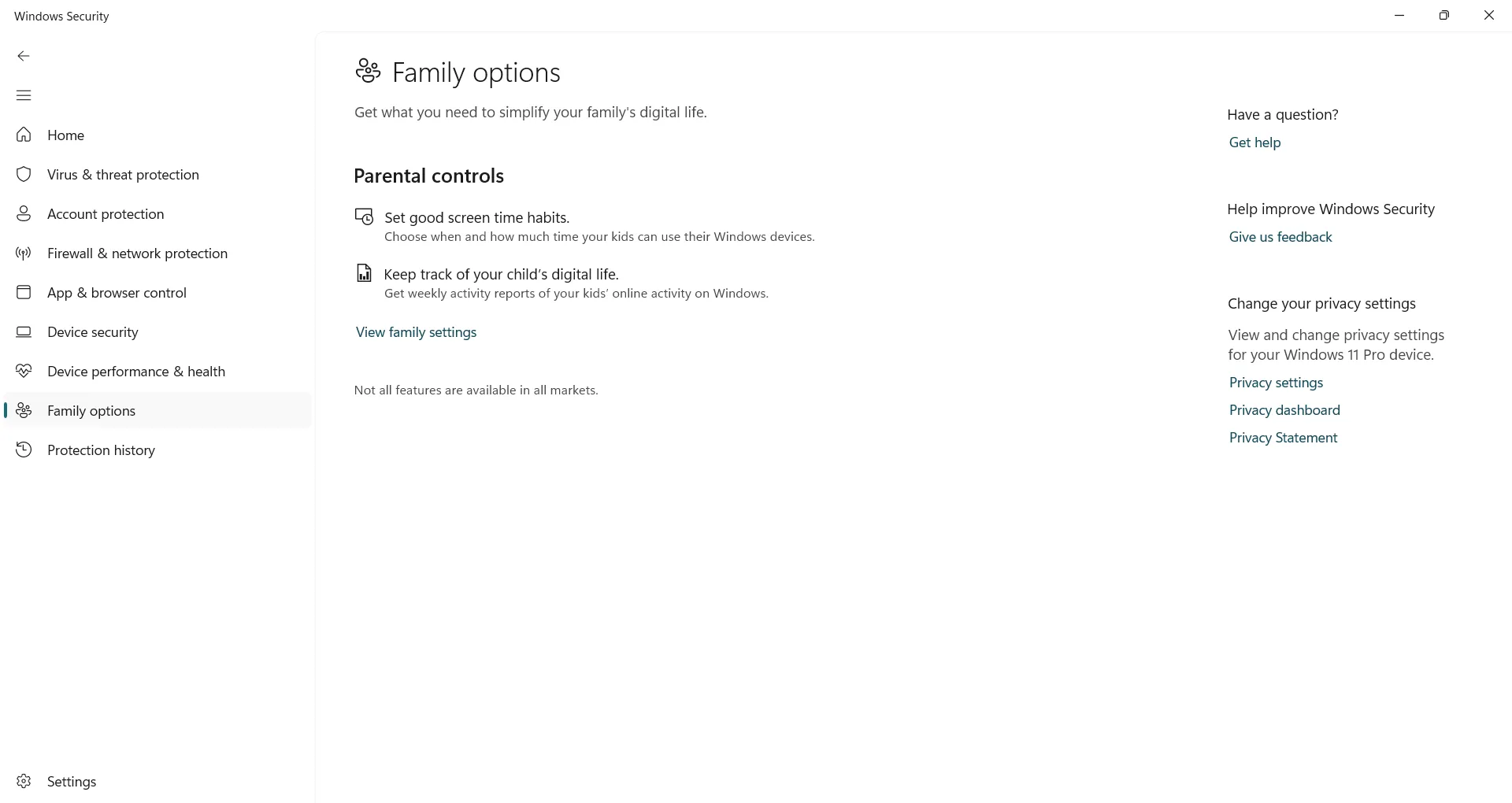 Giao diện Tùy chọn Gia đình (Family options) trong Windows Security để kiểm soát phụ huynh