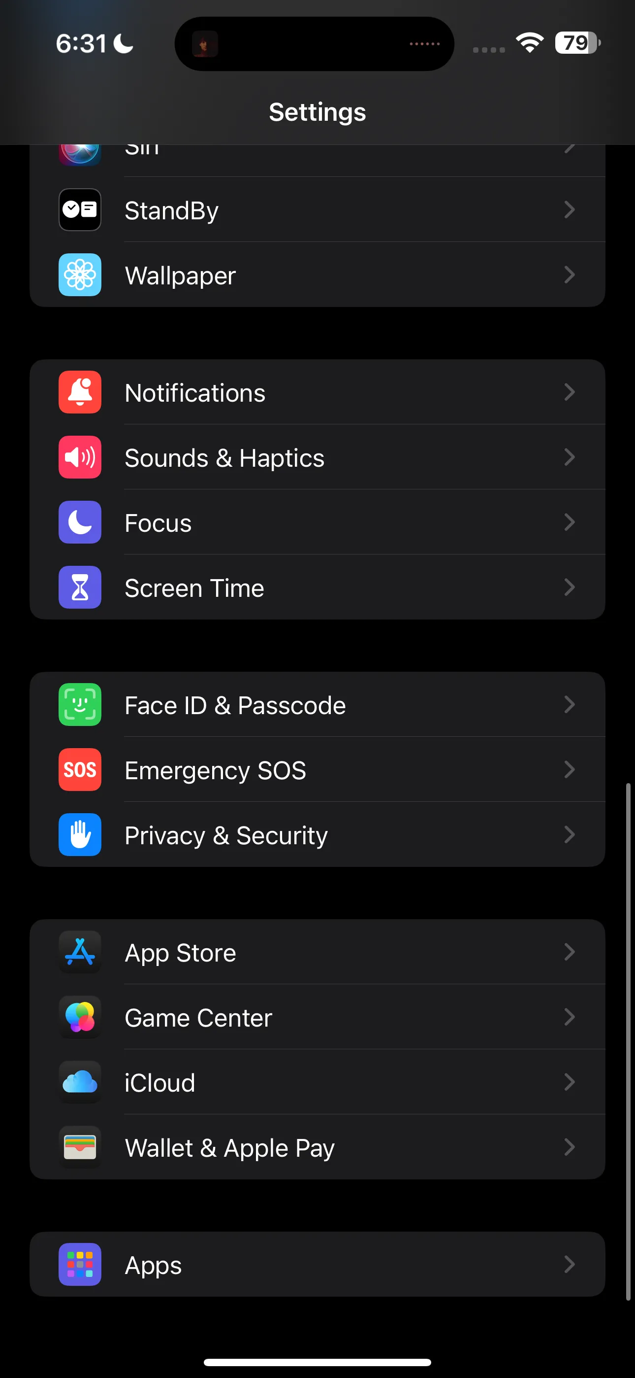 Giao diện ứng dụng Cài đặt (Settings) trên iPhone
