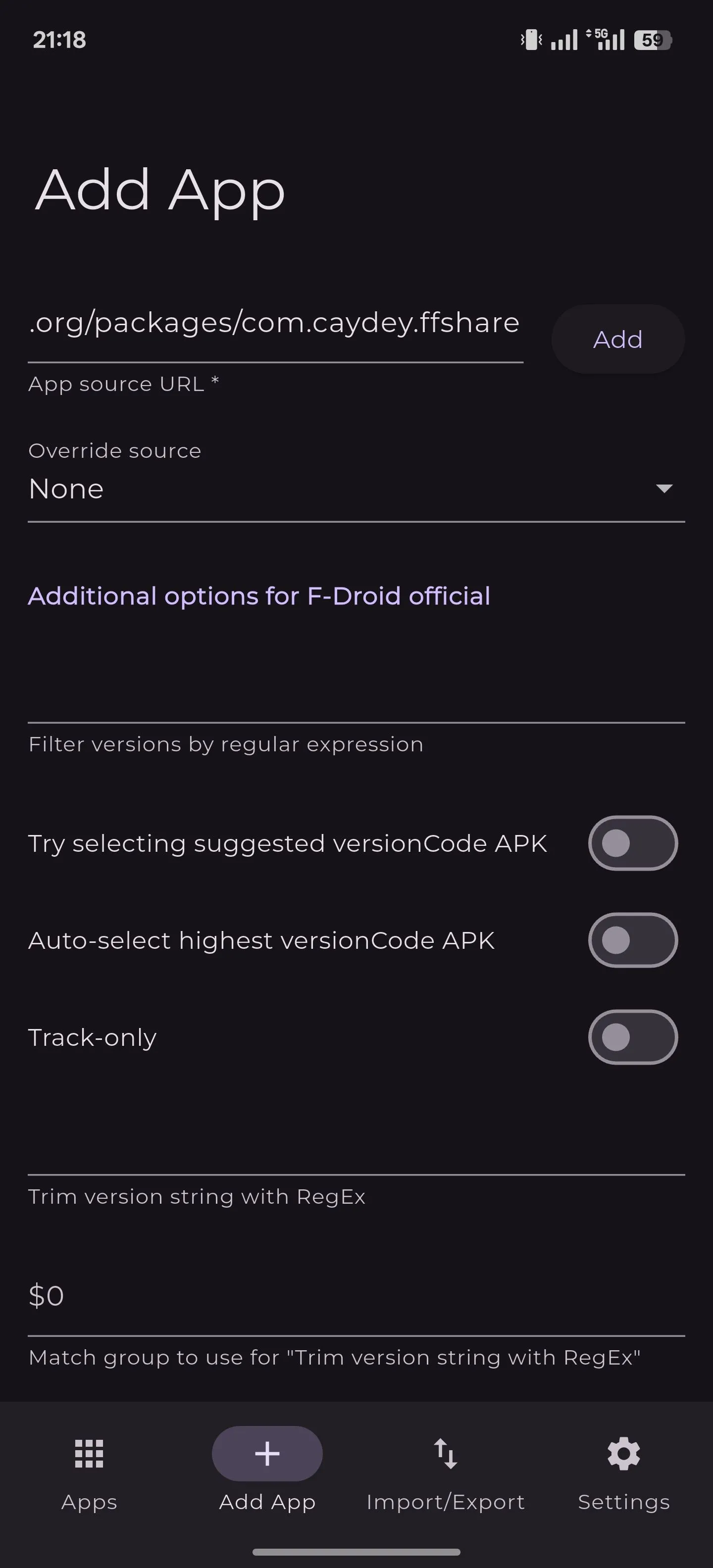 Giao diện ứng dụng Obtainium trên Android, hiển thị cách thêm ứng dụng từ kho F-Droid để theo dõi và cập nhật.
