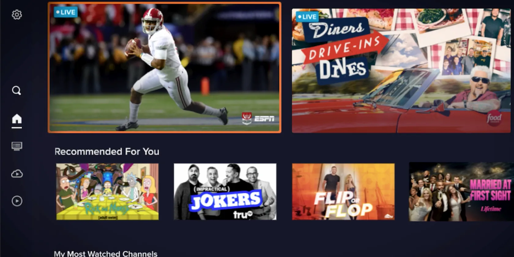 Giao diện ứng dụng Sling TV hiển thị các kênh thể thao và chương trình truyền hình, minh họa việc xem sự kiện trực tiếp qua dịch vụ streaming.