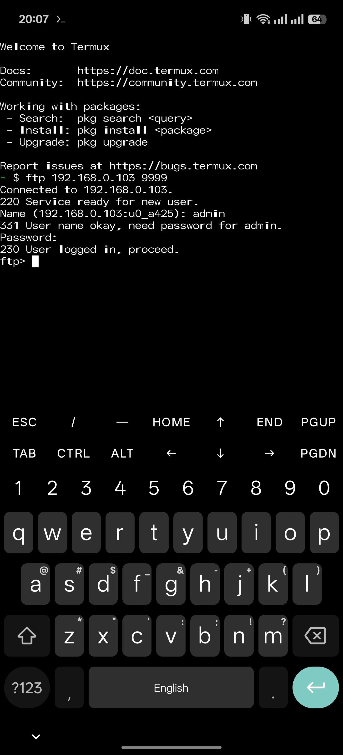 Giao diện ứng dụng Termux trên Android, hiển thị quá trình truy cập các tệp từ thiết bị khác qua giao thức FTP.