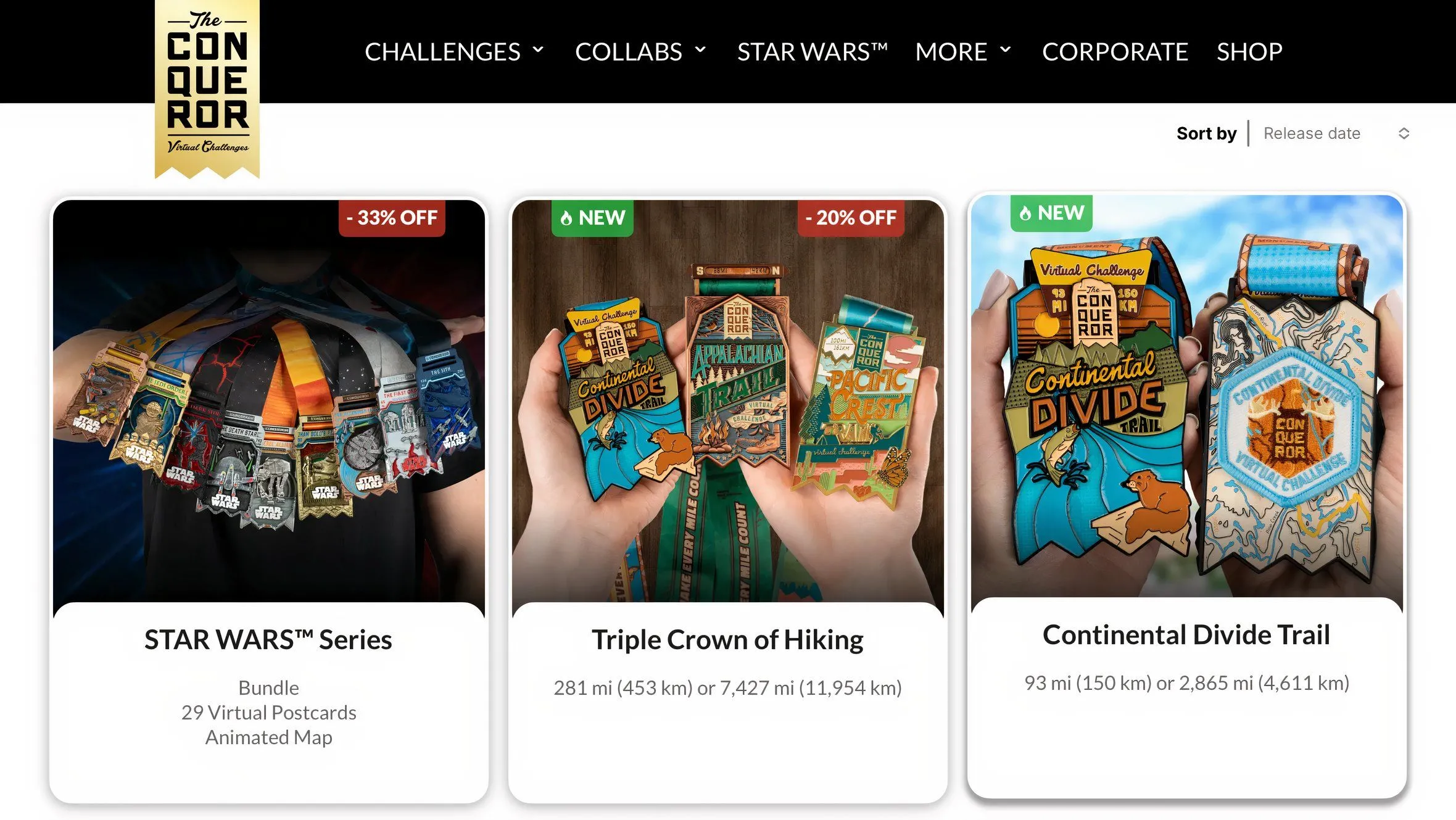 Giao diện website The Conqueror hiển thị các thử thách ảo đa dạng.