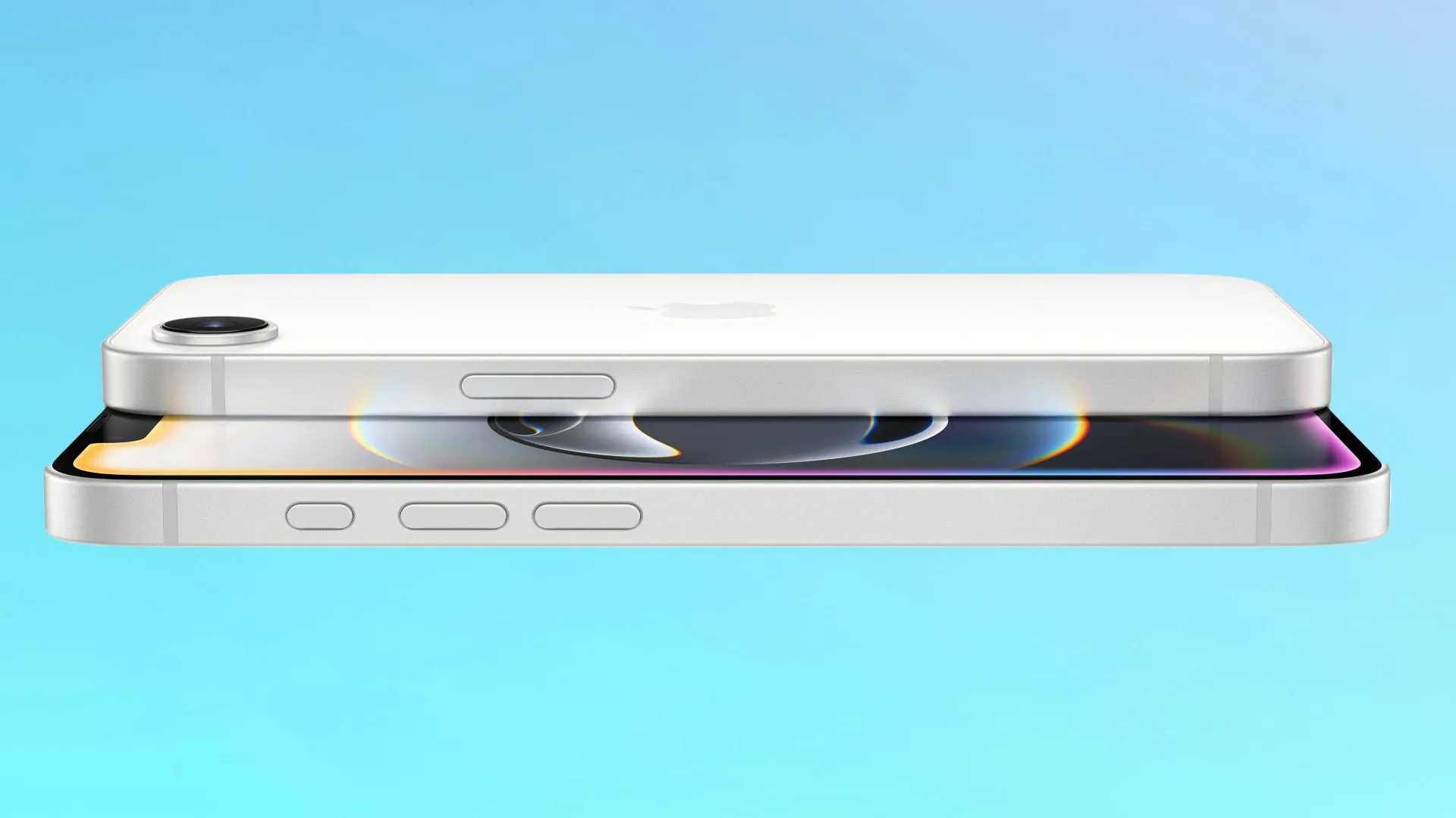 Hình ảnh cận cảnh iPhone 16e từ mặt trước và mặt sau, nổi bật thiết kế tối giản và cụm camera Fusion.