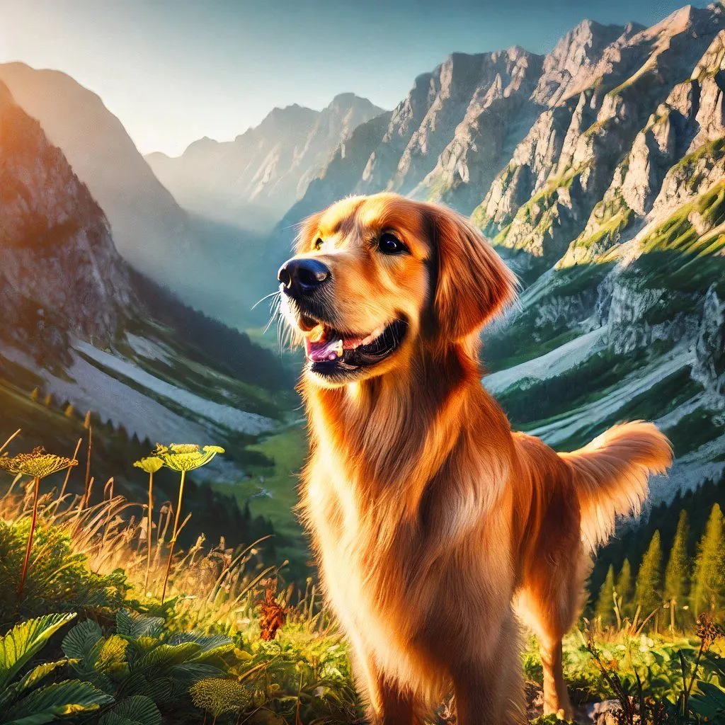 Hình ảnh chú chó Golden Retriever đứng trong khung cảnh núi non hùng vĩ, được tạo bởi DALL-E nhưng chưa đạt độ chân thực cao