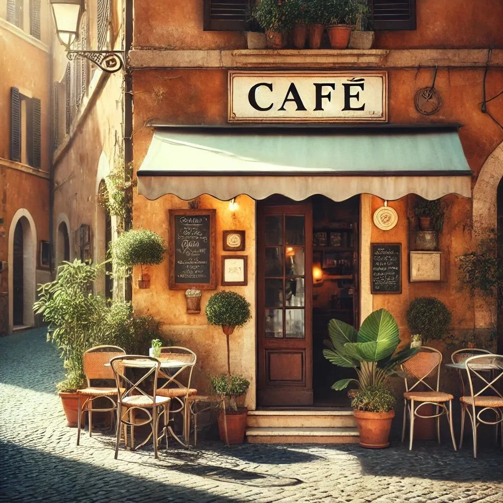 Hình ảnh một quán cà phê với chữ "Café" bị lỗi chính tả trên biển hiệu, do DALL-E tạo ra