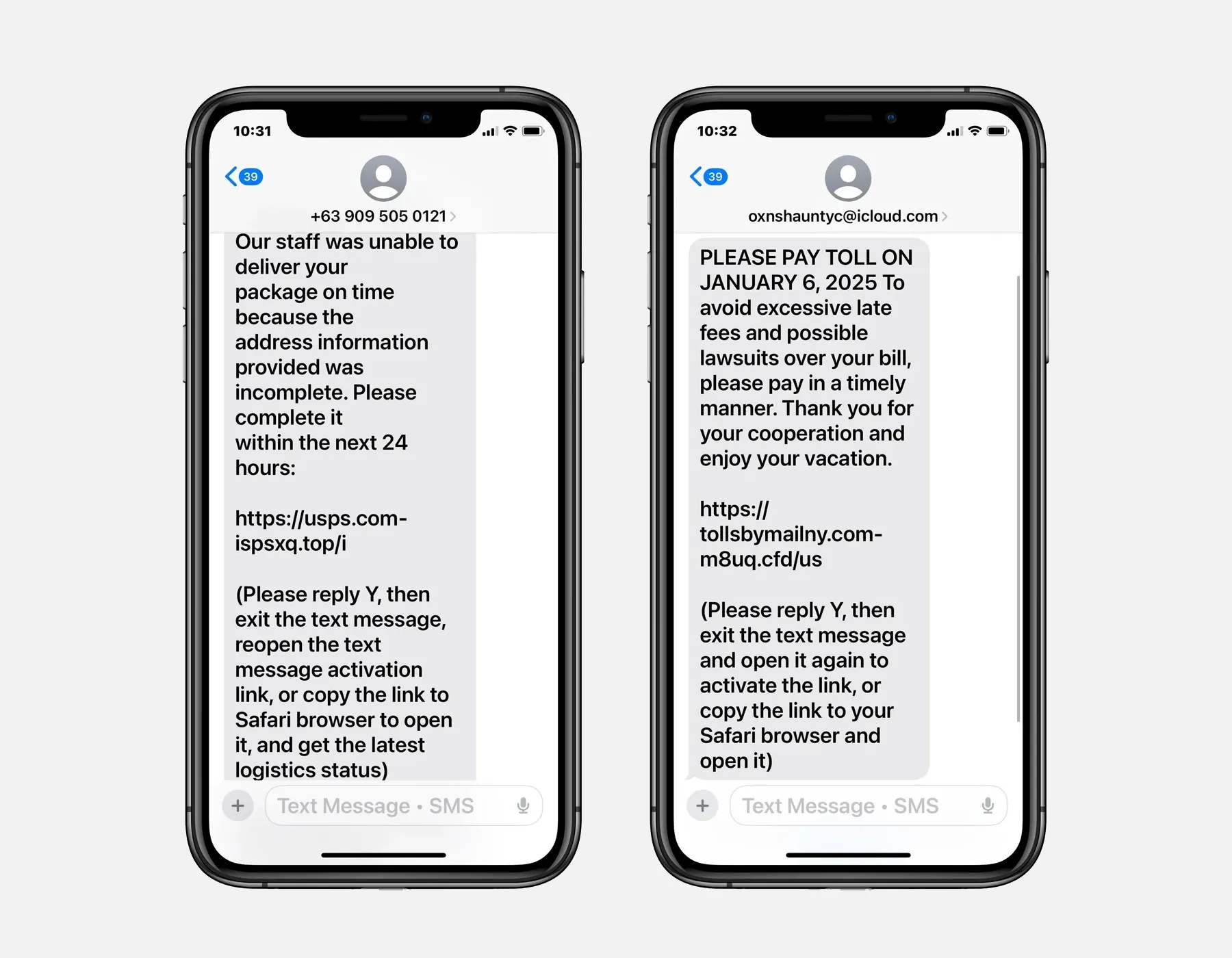 Hình ảnh ví dụ về các tin nhắn lừa đảo smishing nhắm mục tiêu người dùng iMessage được Bleeping Computer chia sẻ