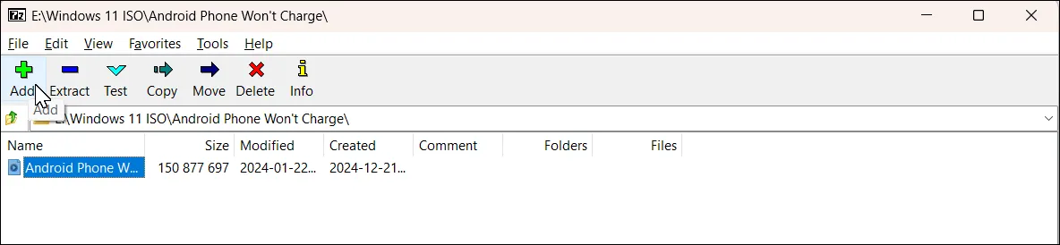 Hộp thoại &quot;Thêm vào kho lưu trữ&quot; của 7-Zip trên Windows 11, chuẩn bị chia file lớn.