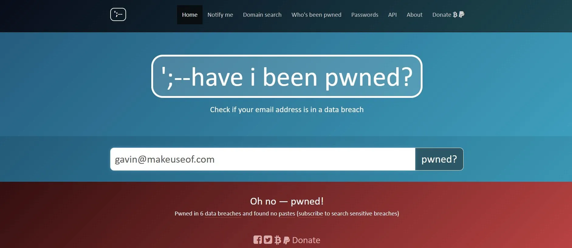 Kết quả kiểm tra email bị rò rỉ trên Have I Been Pwned hiển thị các vụ vi phạm dữ liệu