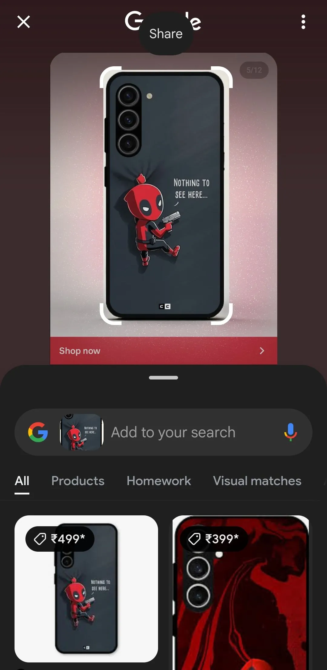 Kết quả tìm kiếm ốp điện thoại thông qua tính năng Circle to Search của Google trên Galaxy AI