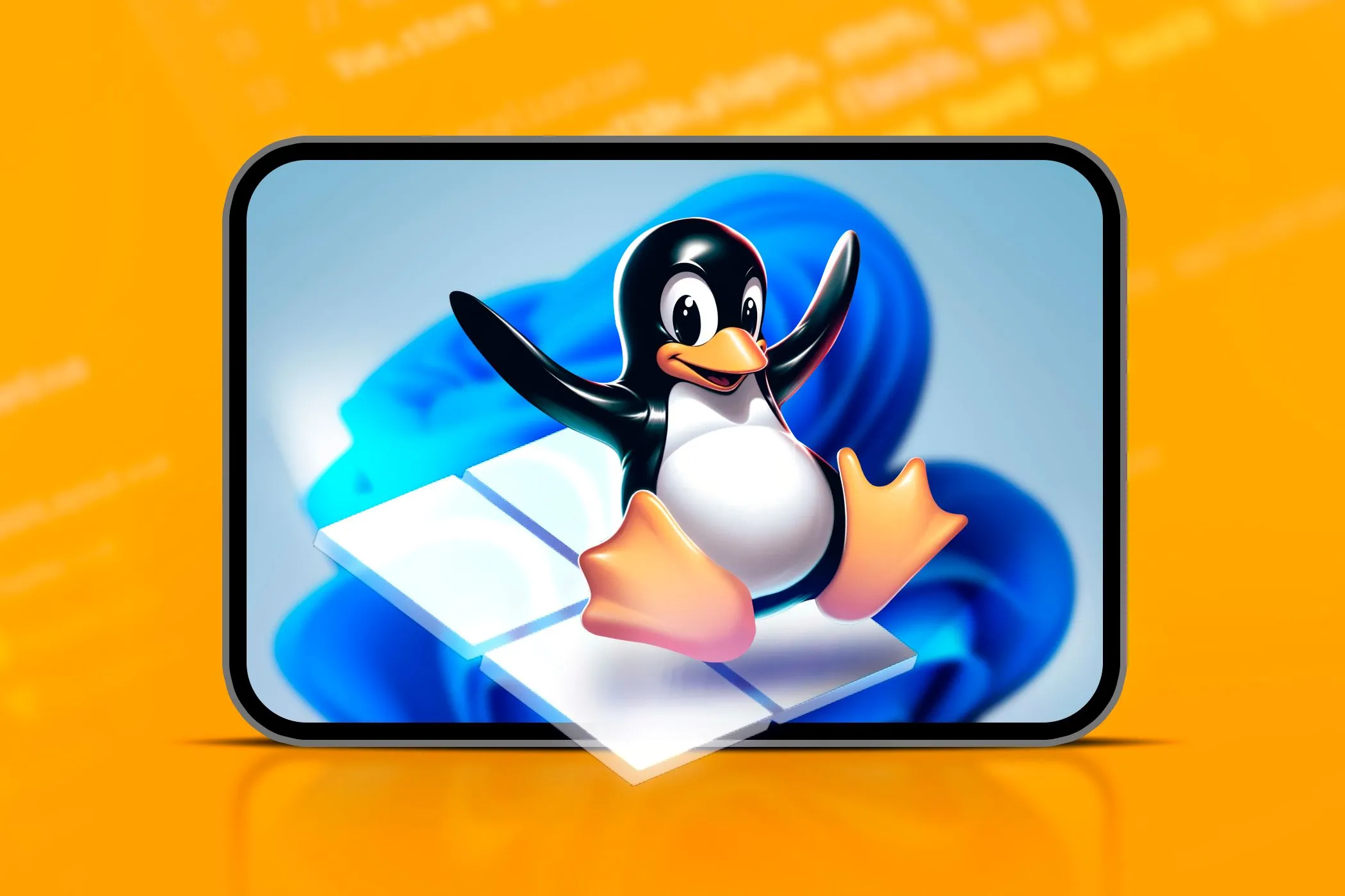 Linh vật Linux (Tux) xuất hiện từ logo Windows cũ, với màn hình Windows 11 ở phía sau, biểu trưng cho sự chuyển đổi và ưu việt của Linux so với các hệ điều hành của Microsoft.
